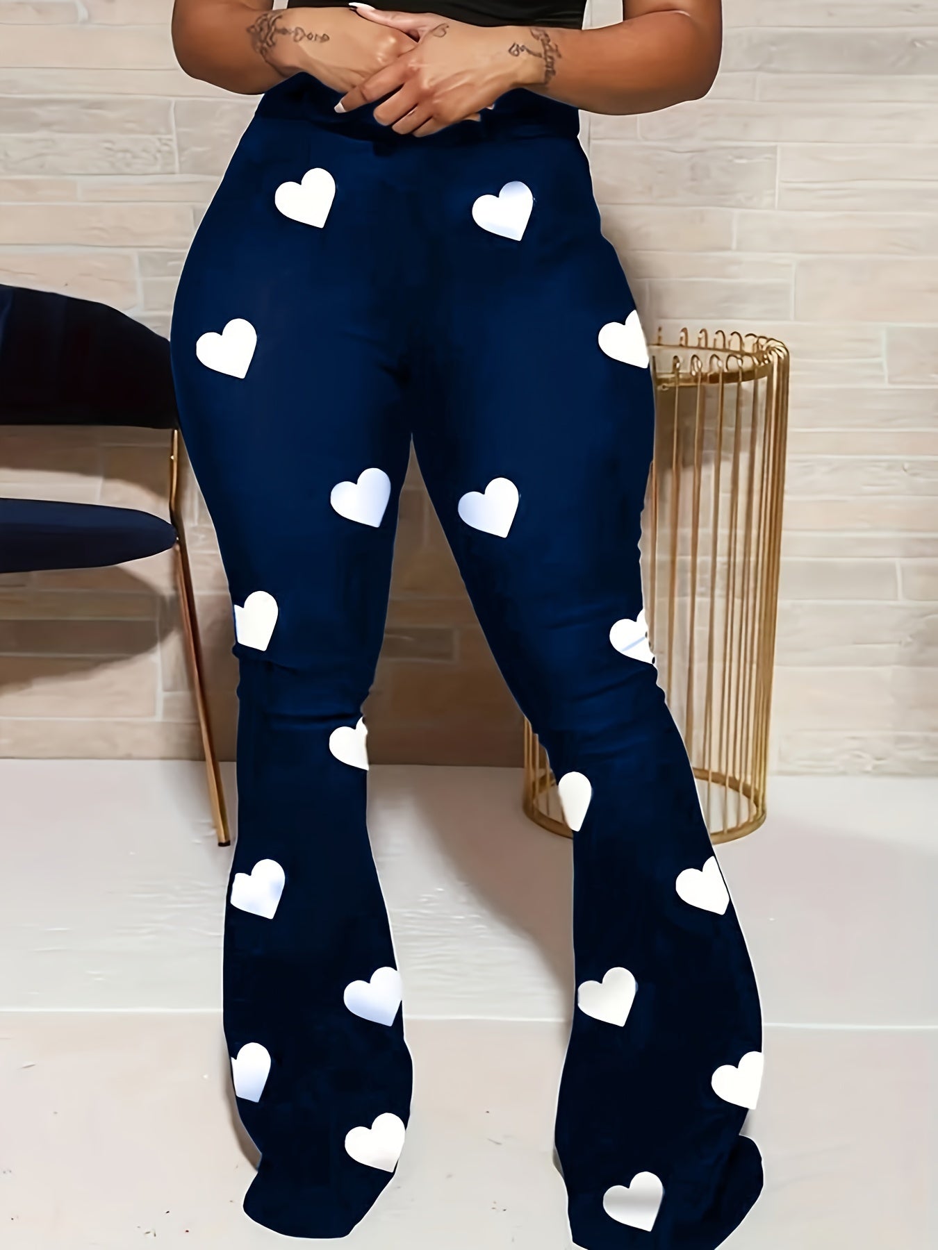 Stylish Heart Print Flare Leg Pants - High Waist, Casual, Versatile, Comfortable, and Chic Womens Clothing for Spring and Summer - Perfect for Daily Wear, Outdoor Activities, and Travel