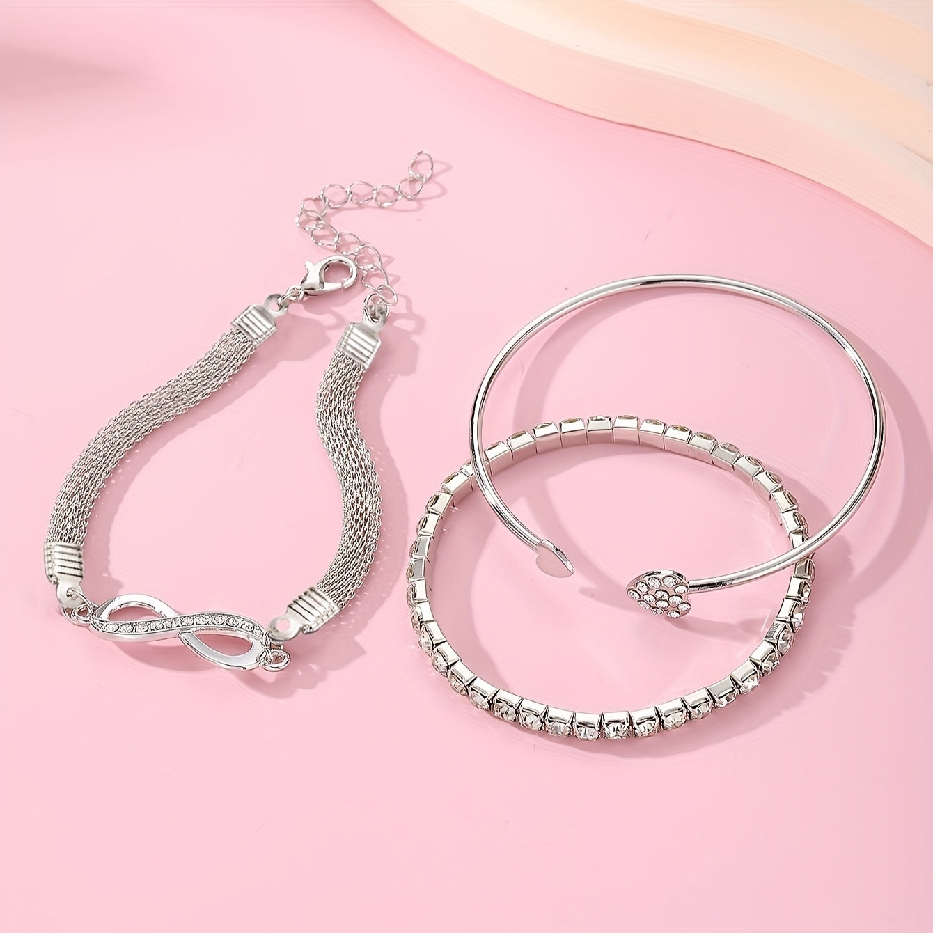 3pcs Vintage Elegant Rhinestone Bracelet Set, Adjustable Heart & Infinity Symbol Bangle, Women'S Alloy Open Cuff, Daily & Gift Occasion, All-Season Jewelry Collection