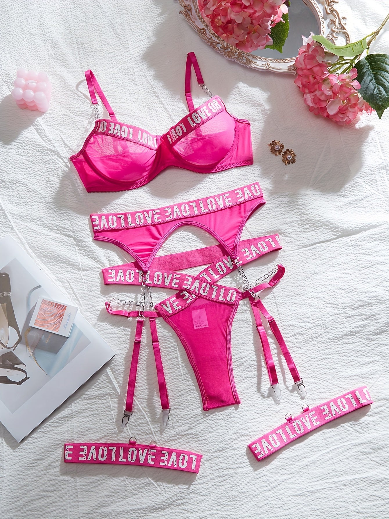 Sultry Letter Tape Chain-link Mesh Lingerie Set - Plunge Bra, Thong, and Garter Belt - Women's Sexy Underwear for Confidence Boost