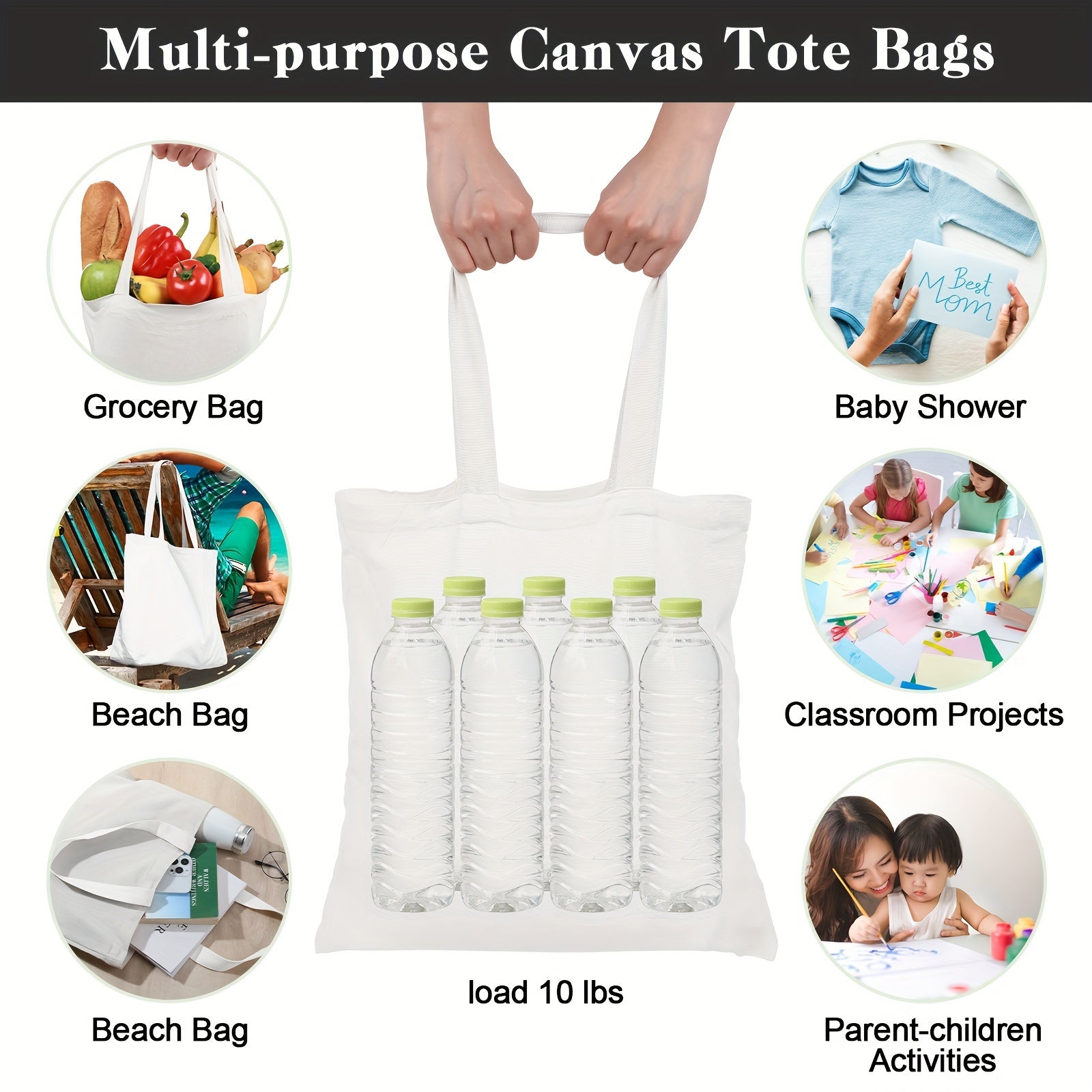 60pcs Canvas Tote Bags Bulk Reusable Grocery Cloth Bags With Handles For DIY Craft Gift
