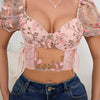 Short Sleeve Lace Panel Butterfly Embroidered Chic Crop Top, Women's Clothing