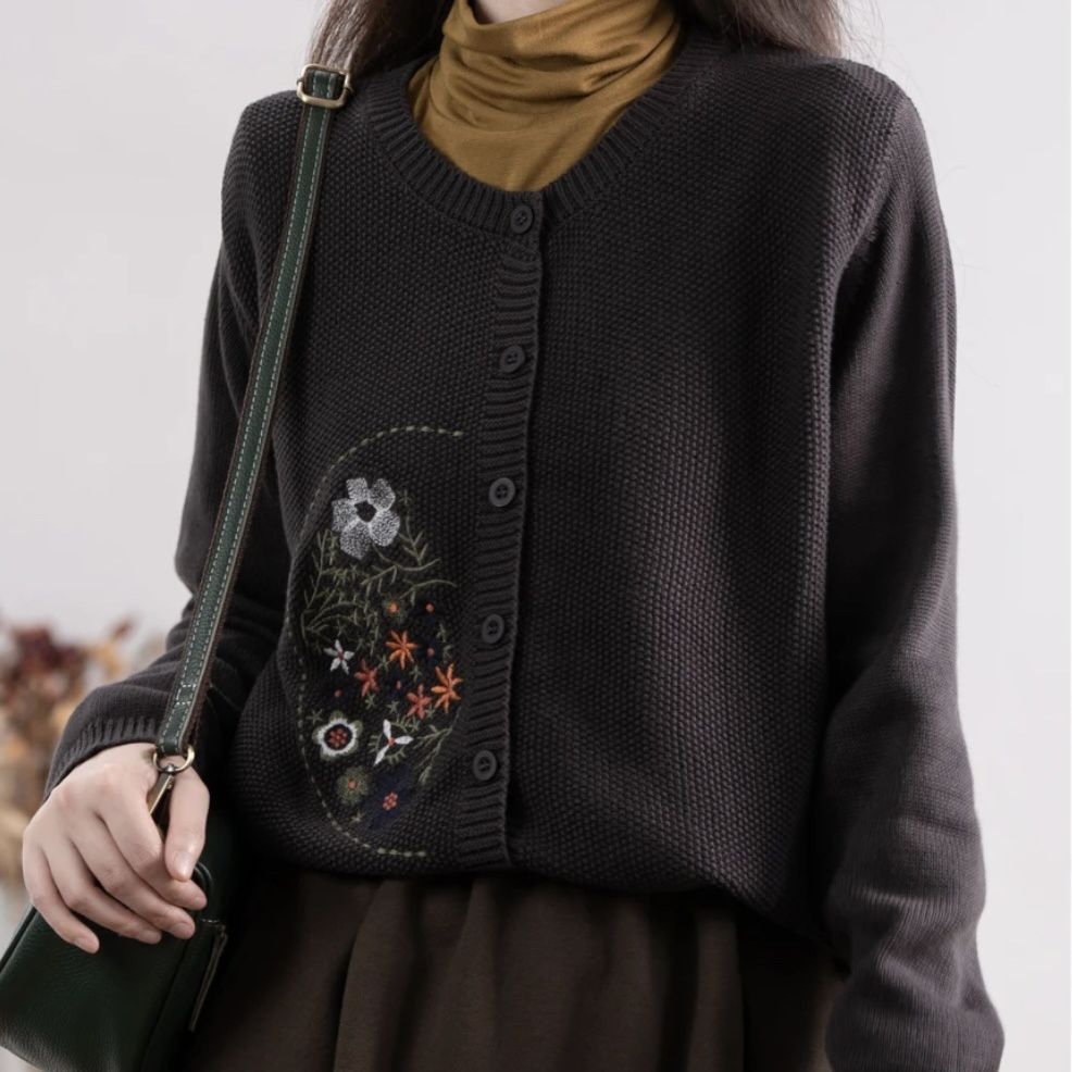 Chinese-style Corn-stitch Cotton Knit Cardigan Sweater For Women
