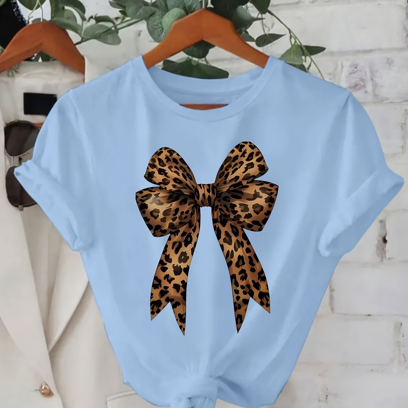 Women's Casual Leopard Print Bowknot T-Shirt - Short Sleeve, Round Neck, Soft & Comfortable Fabric, Perfect for Spring/Summer Fashion, Green Graphic Tee with Stylish Bow Design, Casual Wear | Playful Graphic Tee | Stylish Gra