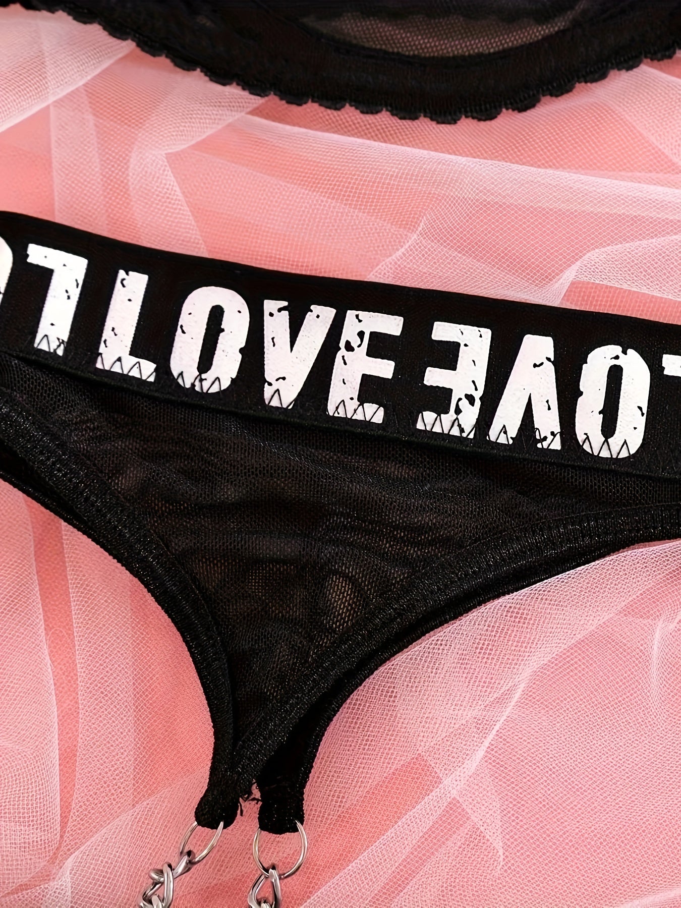 Sultry Letter Tape Chain-link Mesh Lingerie Set - Plunge Bra, Thong, and Garter Belt - Women's Sexy Underwear for Confidence Boost
