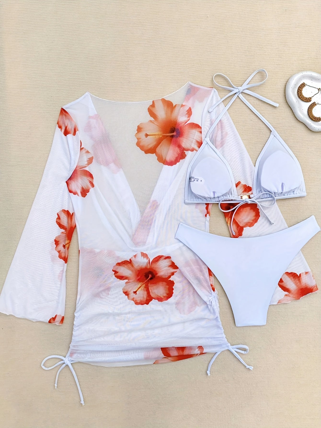 New Three-piece Set with Flower Print and Pearl Buckle Women's Swimsuit Set Beach Resort Hot Spring Strap Sexy White Gauze Bikini