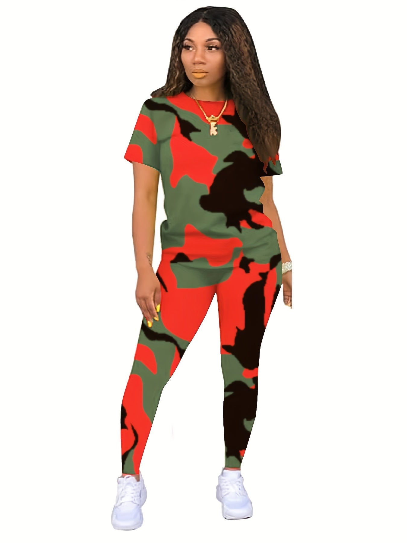 Camo Print Two-piece Set, Casual Crew Neck T-shirt & Skinny Pants Outfits, Women's Clothing