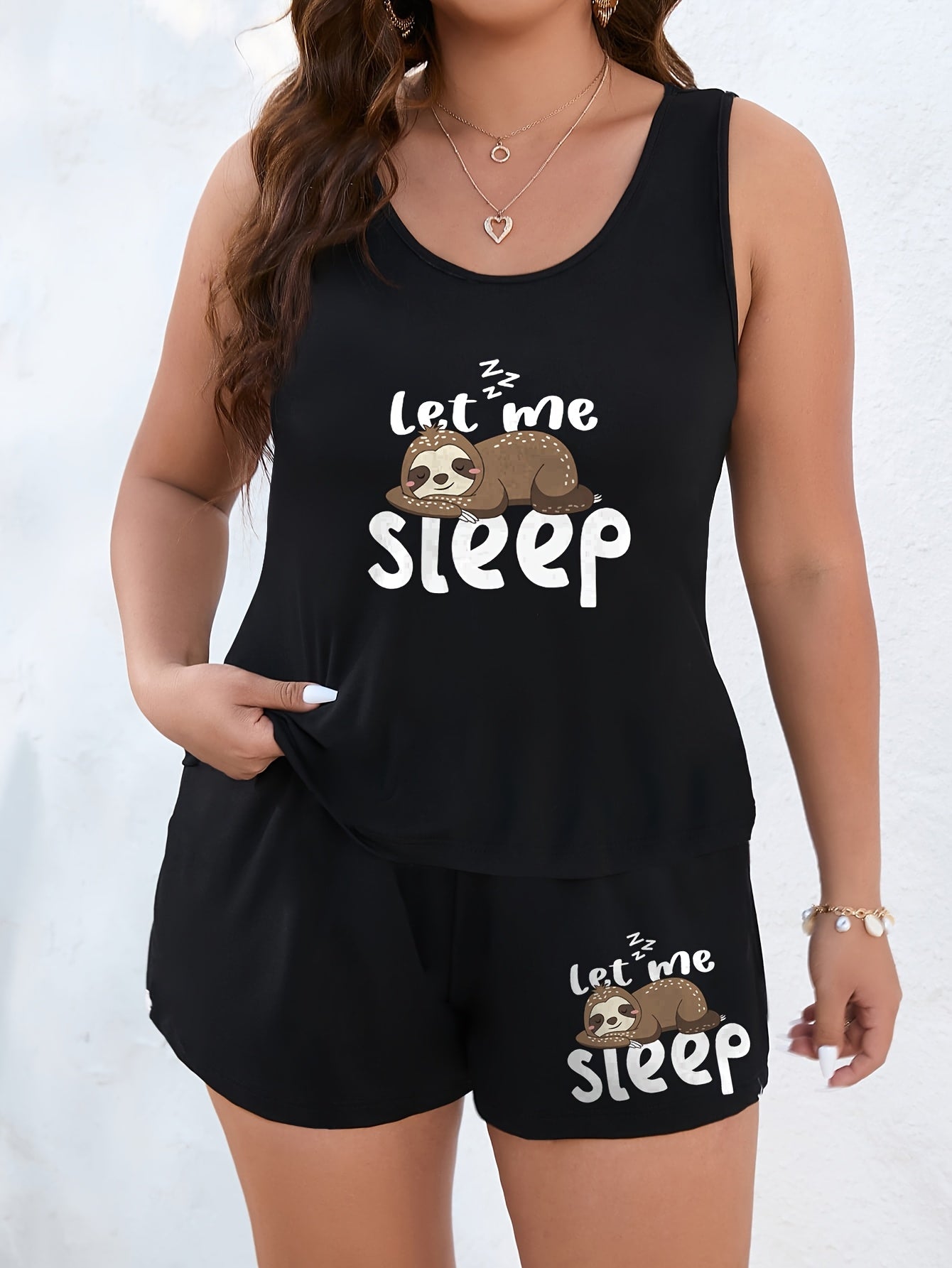Plus Size Women'S Fashion Casual Comfortable Wearable Loungewear Pajama Set with Simple Let Me Sleep Cartoon Sloth Print Round Neck Tank Top & Shorts 2pcs Plus Size Pajamas