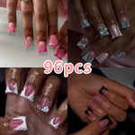 Free 4pcs of jelly glue and 4pcs of nail file in 4 boxes, 96pcs of European and American press-on wear nails, gorgeous sweet cool French sparkling diamond flowers, stripes, three-dimensional cherry, wave, clashing color, squa