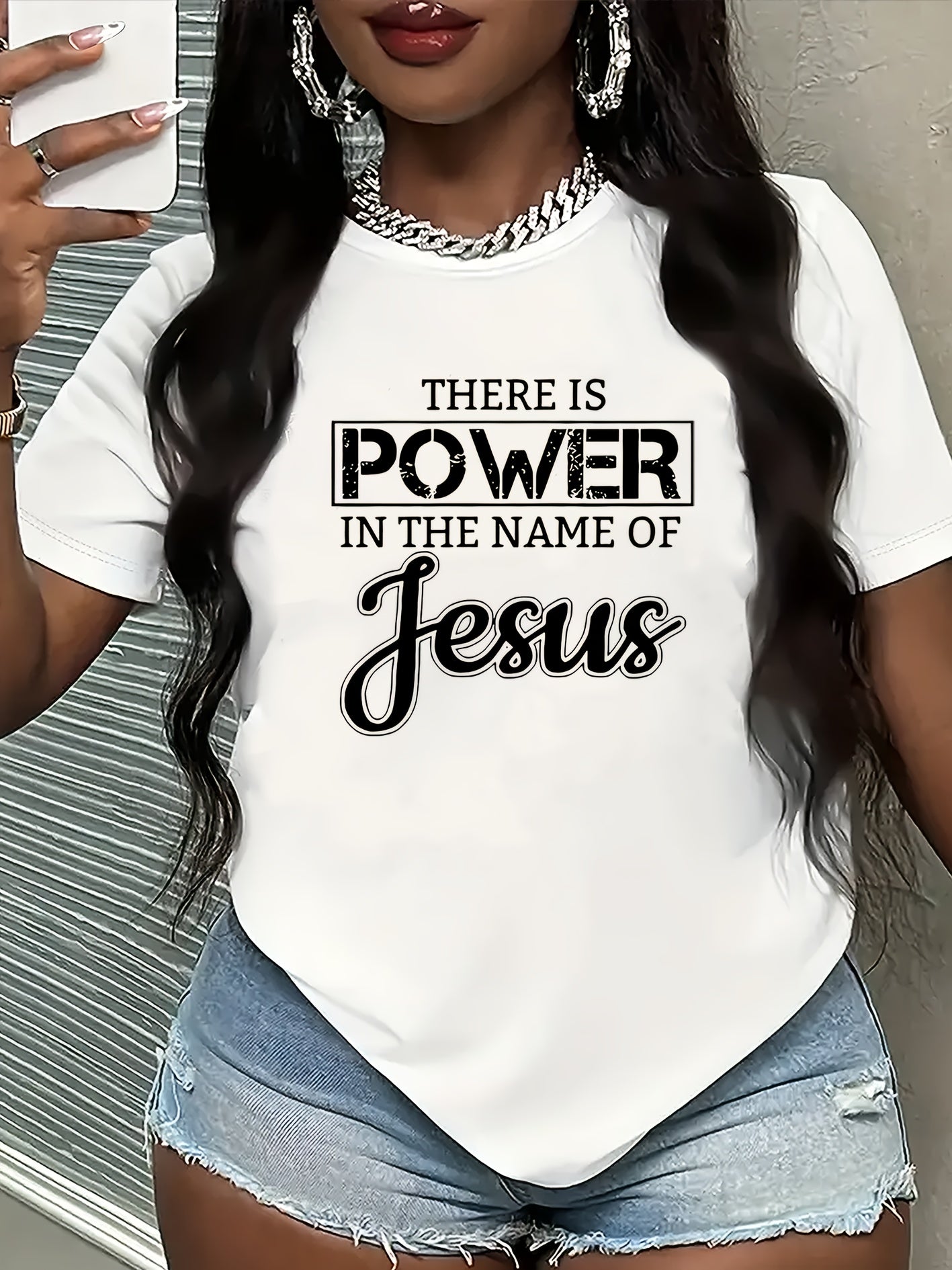 Women's Inspirational Jesus Power Quote T-Shirt - Casual Crew Neck, Short Sleeve, Beige Polyester Tee with Artistic Letter Print, Machine Washable, Casual Wear|Graphic Tee|Polyester Fabric