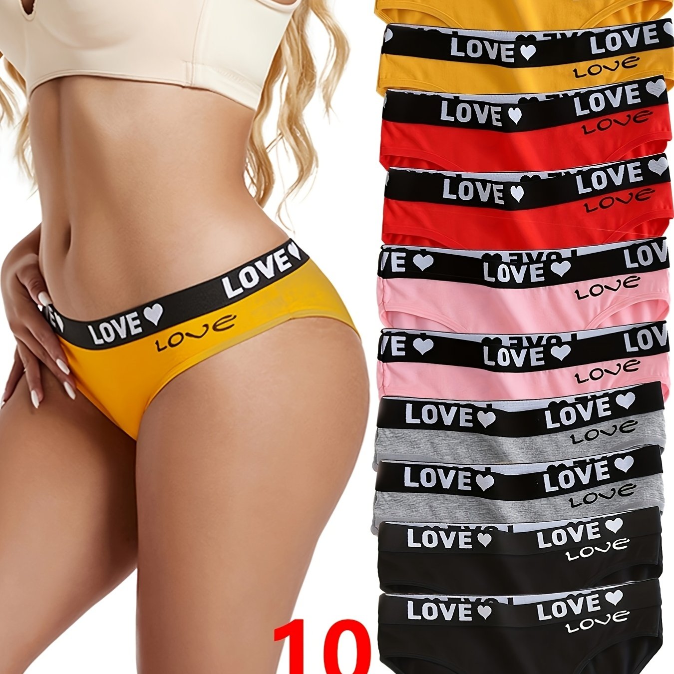 10-Pack Elegant Cotton Seamless Underwear for Women, Comfortable Knit Fabric, Solid Color with Heart & Letter Print Design