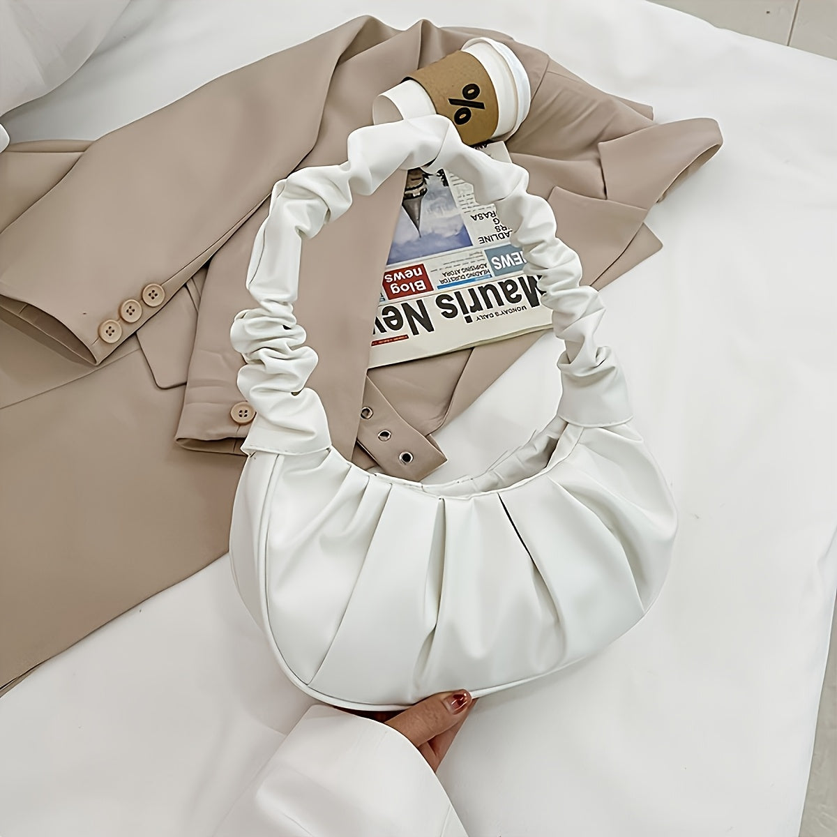 Chic Women's Pleated Shoulder Bag - Cloud-Inspired, Zip Closure, Solid Color White Fashion Handbag for Everyday Use