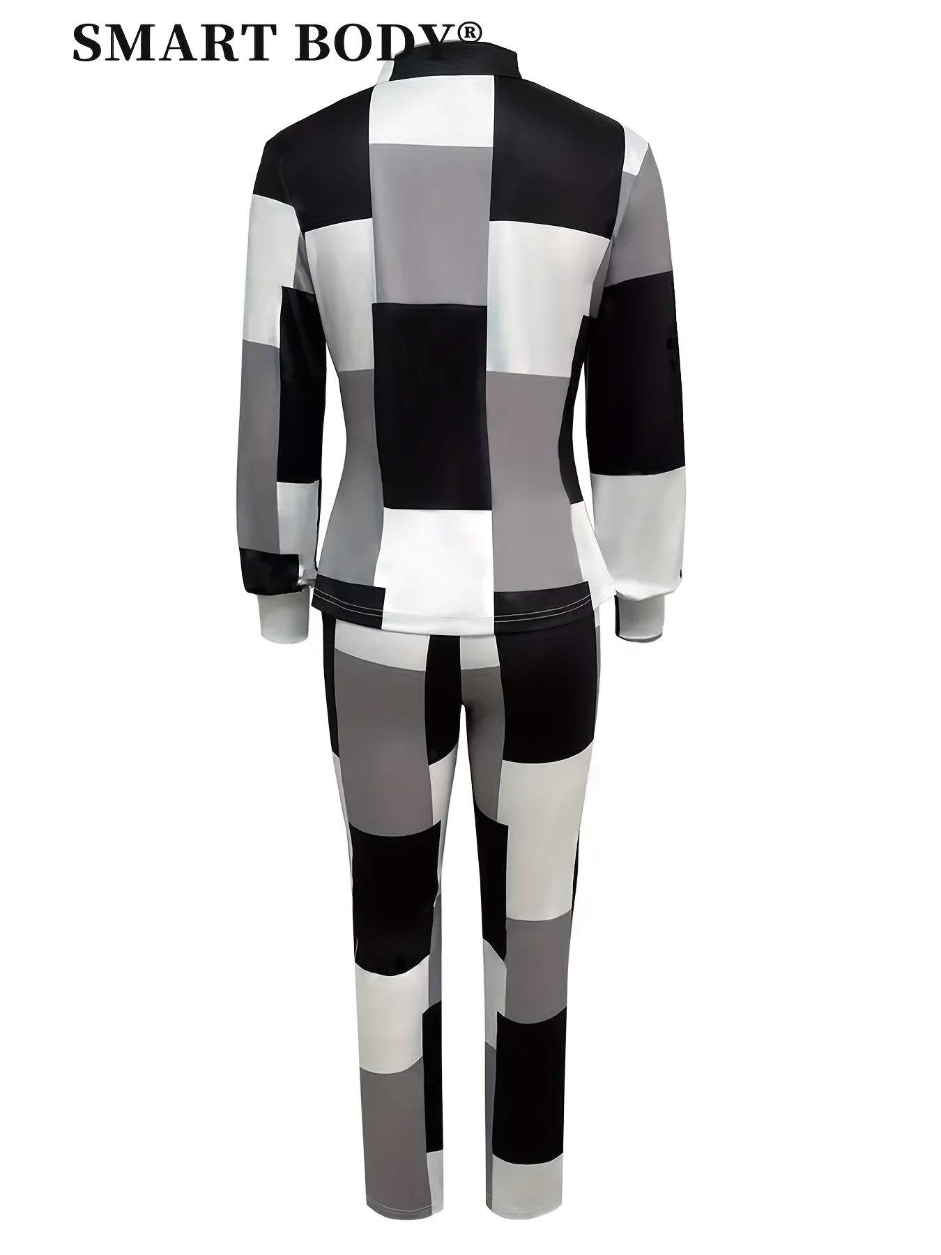 Chic Geo Print Casual Two-piece Tracksuit Set, Women Zip Up Long Sleeve Tops Jacket & Long Flare Pants Outfits, Geometric Plaid Patchwork Matching 2pcs Casual Sweatsuits, Color Block Zipper Jackets And Wide Leg Jogger, Women'