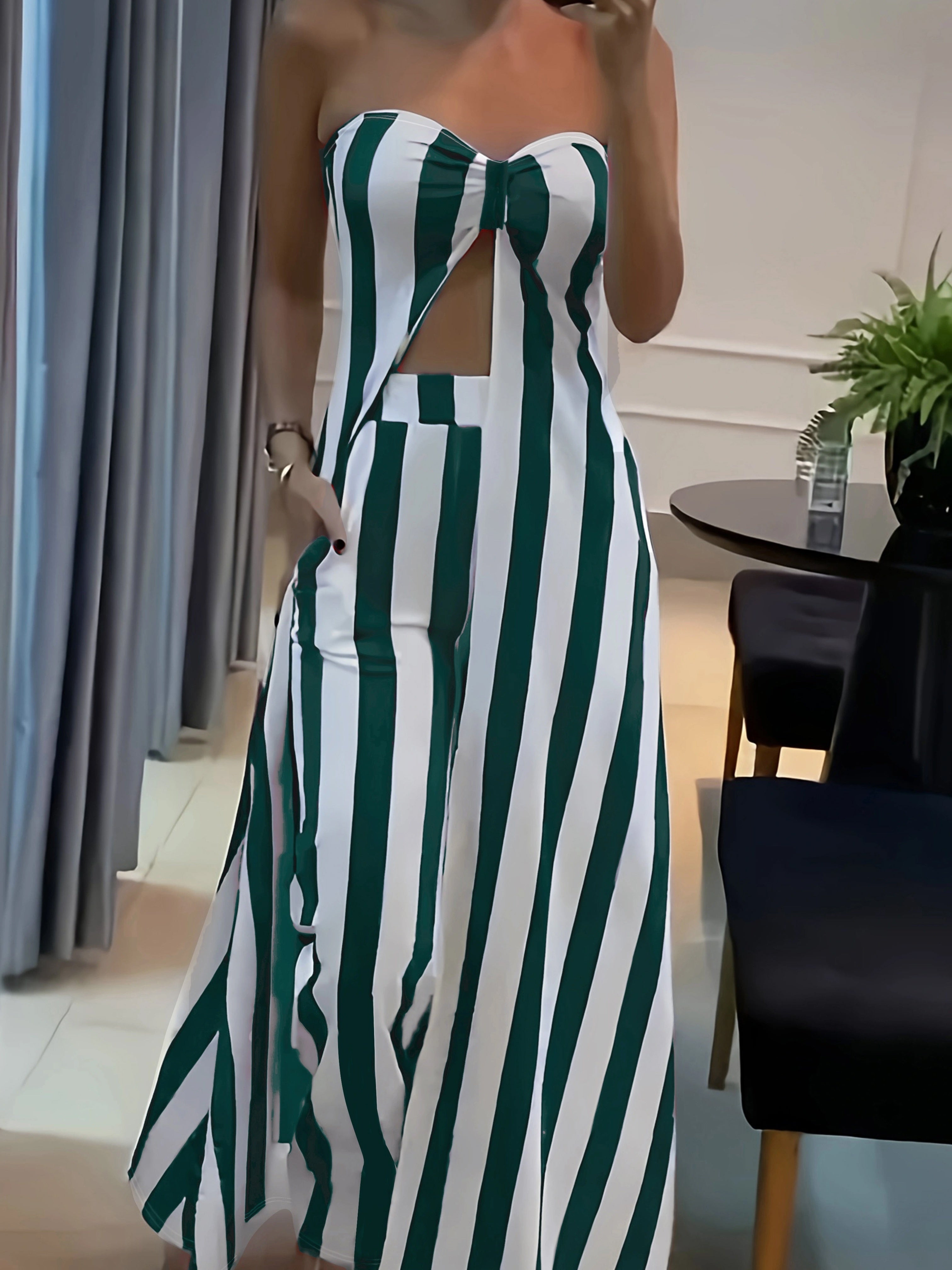 Casual Stripe Print Pants Set, Sweetheart Neck Split Hem Longline Tube Top & High Waist Flare Leg Pants Outfits, Women's Clothing