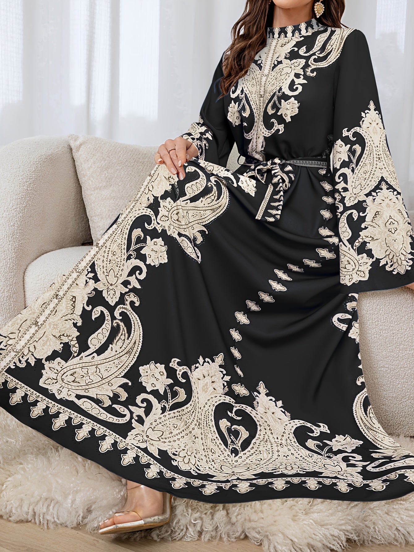 Elegant Floral Print Long Dress with Tie-Waist & Lantern Sleeves - Creamy Beige, Crew Neck, Flowing Maxi Length, Perfect for Spring/Summer/Fall, Women’s Fashion, Cute Dresses