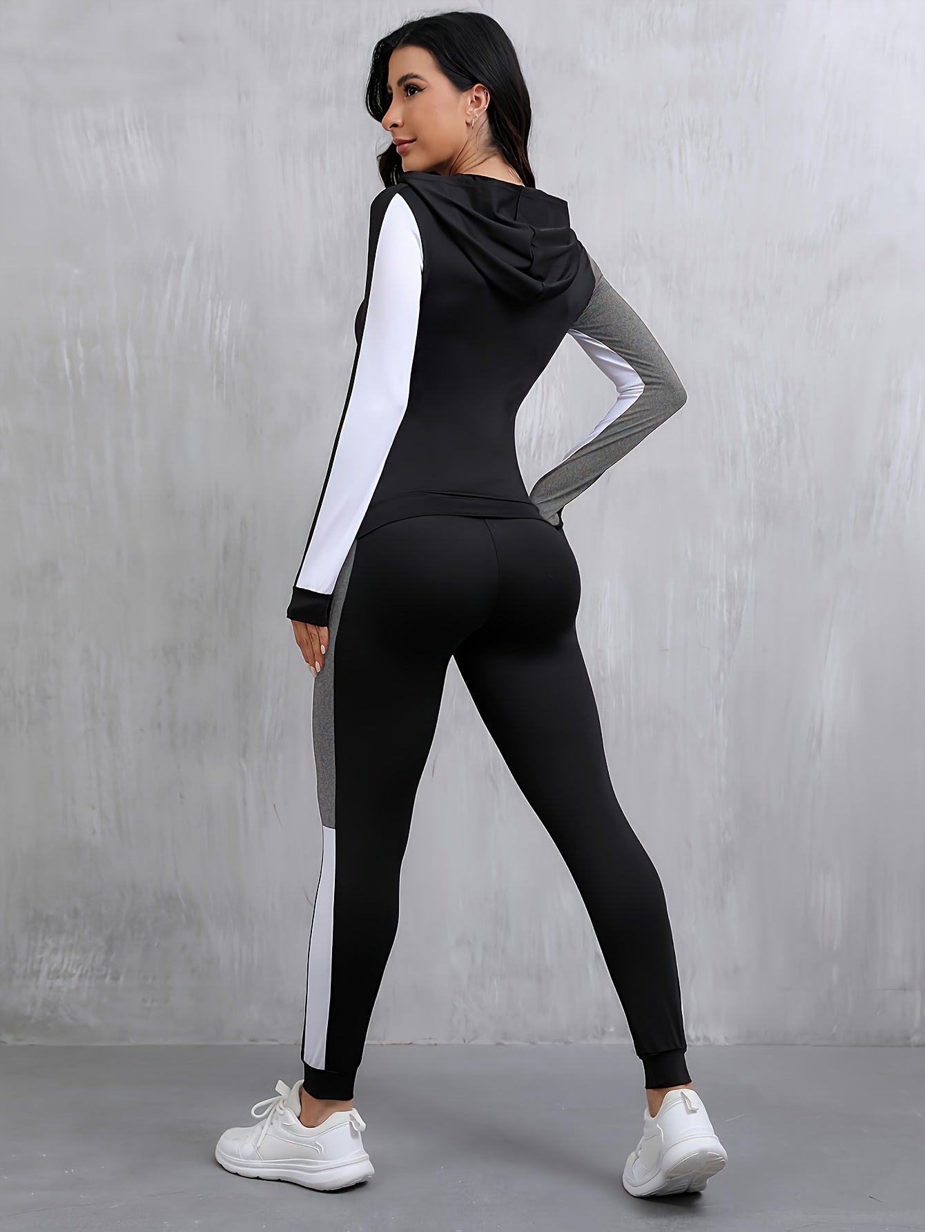 Women'S 2pcs Color Block Athletic Set - High Stretch Fabric, Hooded Jacket & Leggings, Black/White/Teal Patchwork, All-Season Workout Outfit, Gym Clothes|Sporty Look|Versatile Jacket