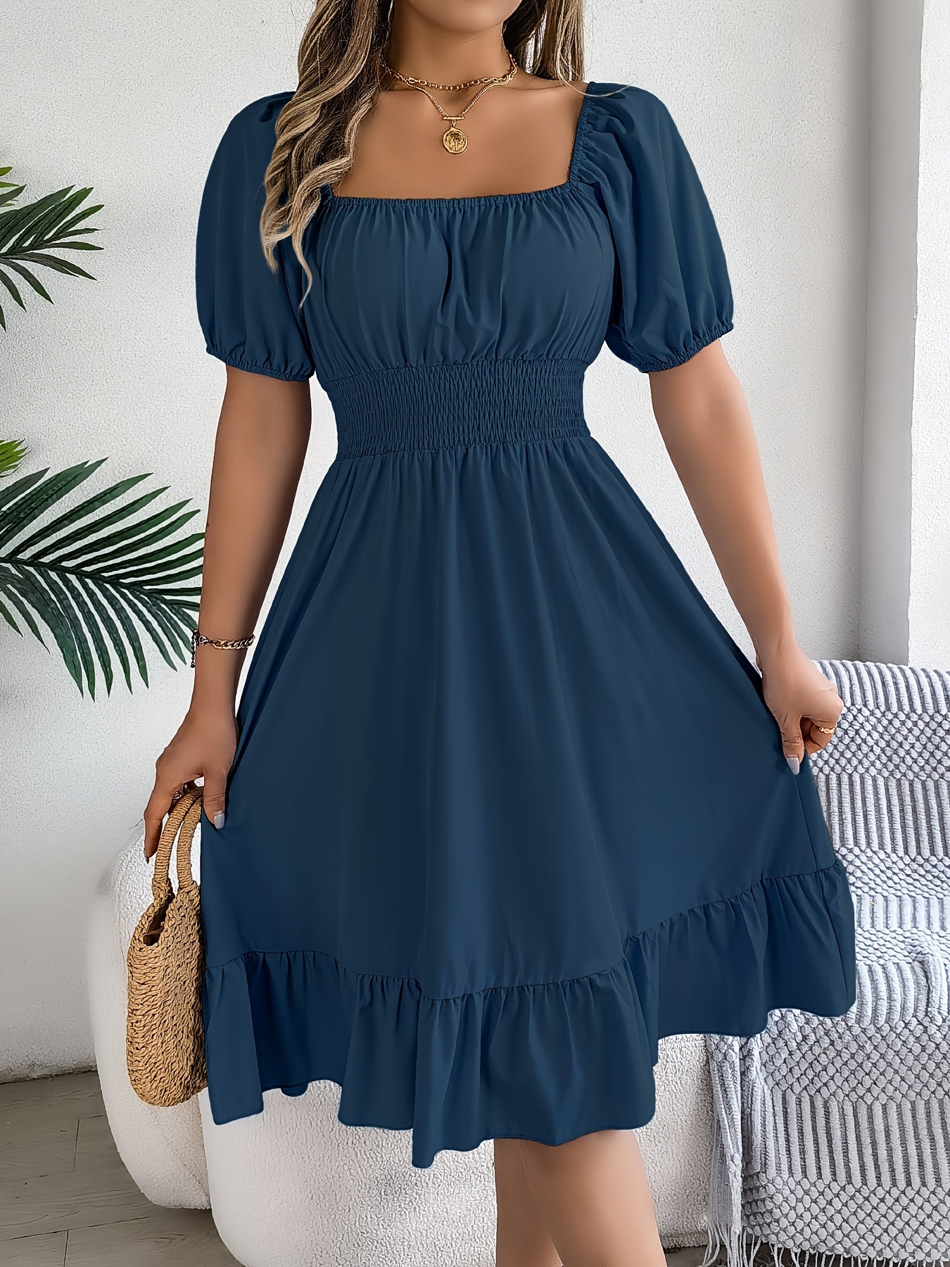 1pc Women'S Elegant Square Neck Short Sleeve A-Line Dress with Ruffle Detail, Polyester Woven Fabric, Solid Color, Spring/Summer/Autumn Collection