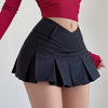 Stylish Black Pleated Mini Skirt for Women - High-Waisted, V-Leg Design, Polyester, Machine Washable, Perfect for Casual or Commuter Wear
