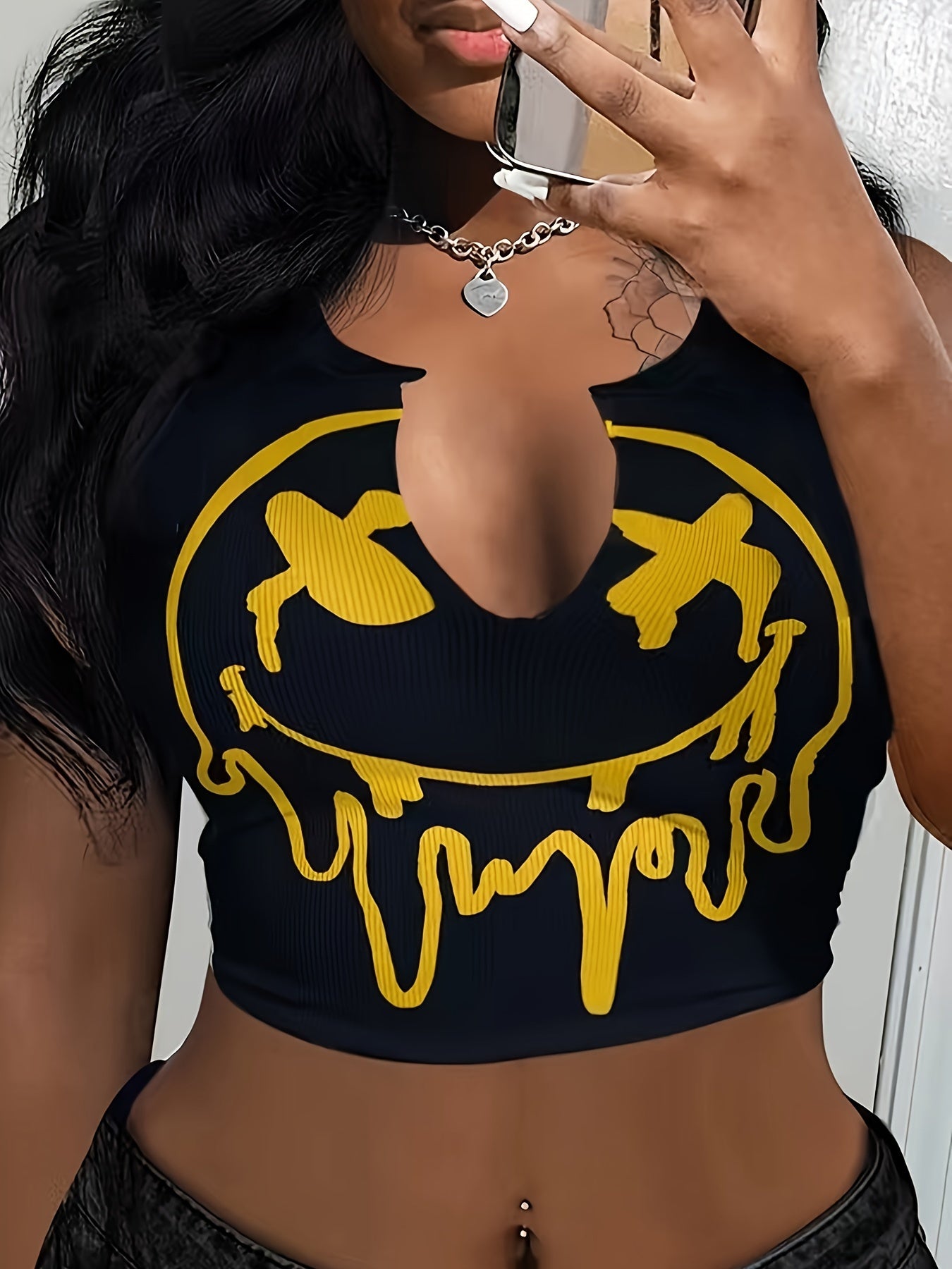 Melted Smile Print Crew Neck Tank Top, Cute Sleeveless Tank Top For Summer, Women's Clothing