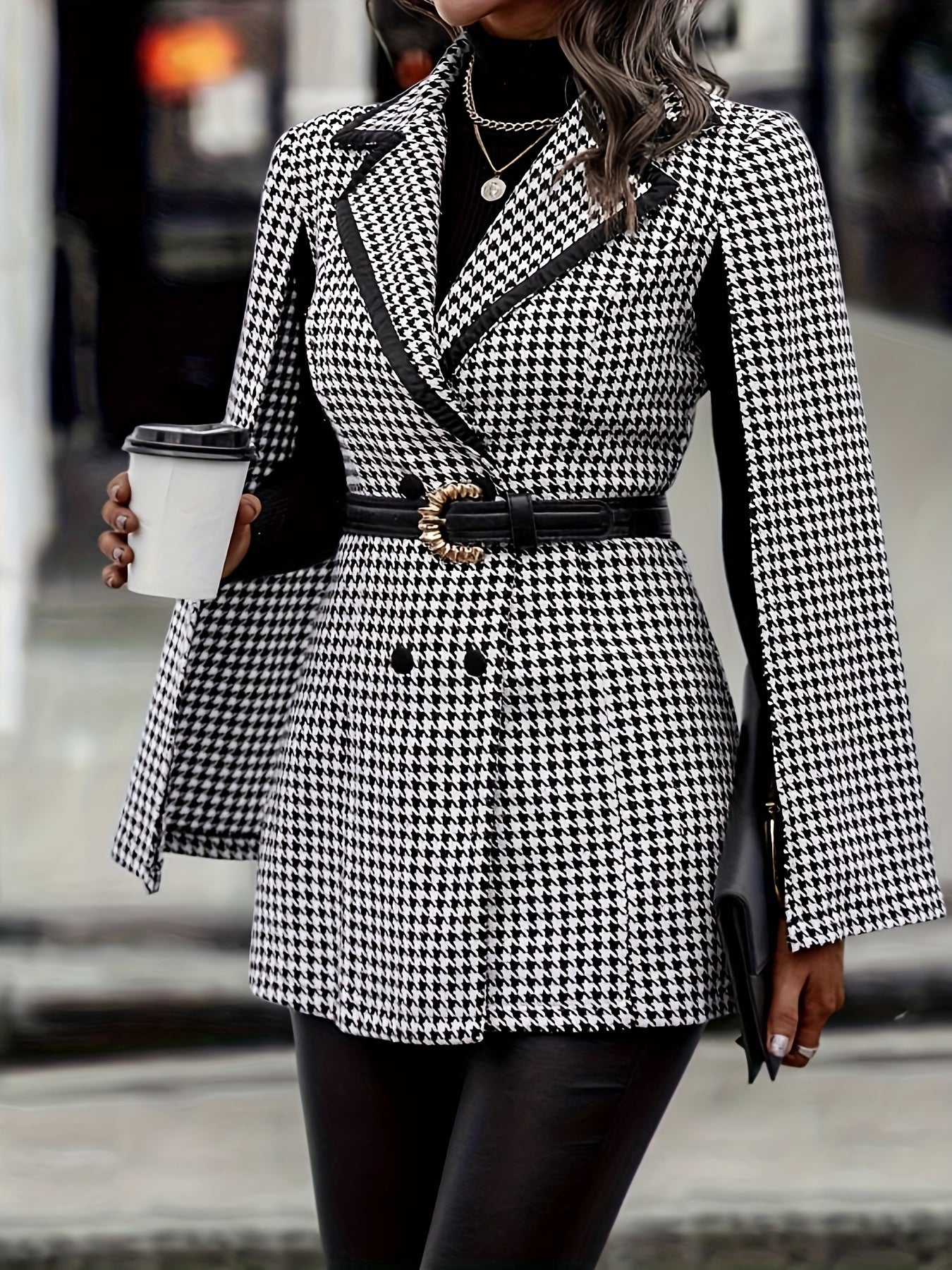 Houndstooth Print Double-breasted Blazer - Elegant Cape Sleeve Lapel Blazer - Polyester Blend - For Women - Suitable for Office & Work - Perfect Gift for Business Professionals