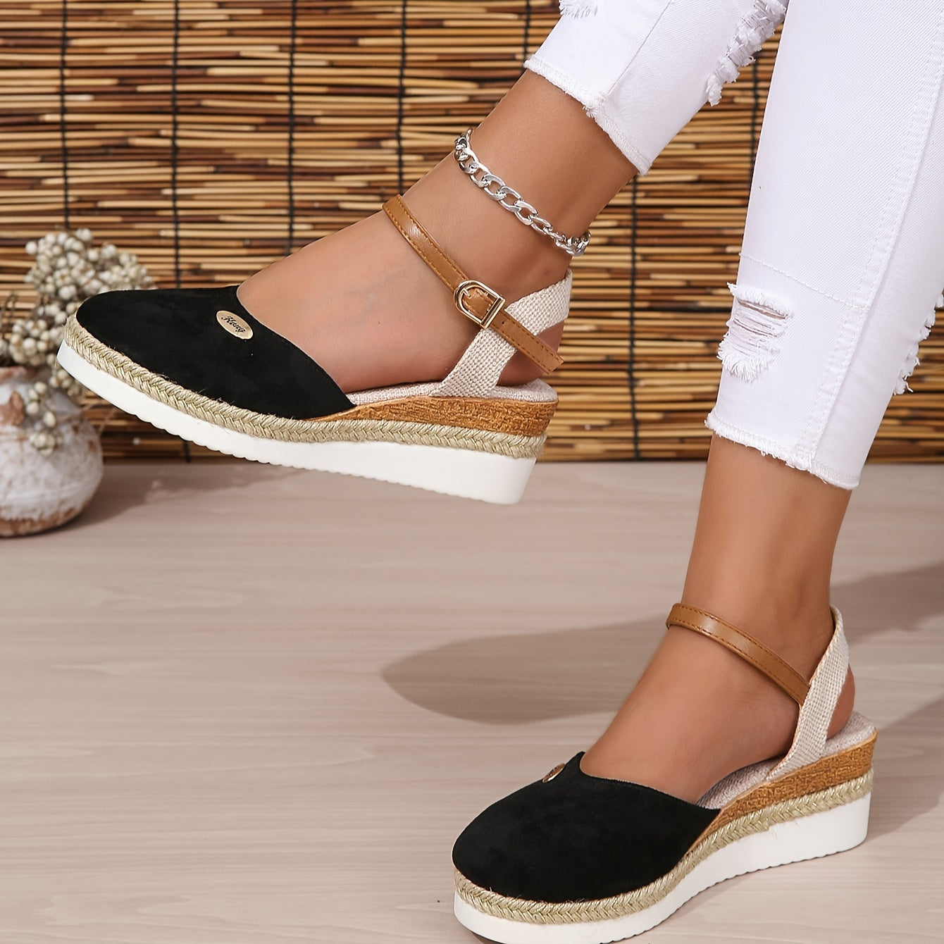 [Colorblock Platform Sandals Women's] Women's Colorblock Platform Sandals, Ankle Buckle Strap Comfy Slingback Shoes, Versatile Closed Toe Wedge Shoes