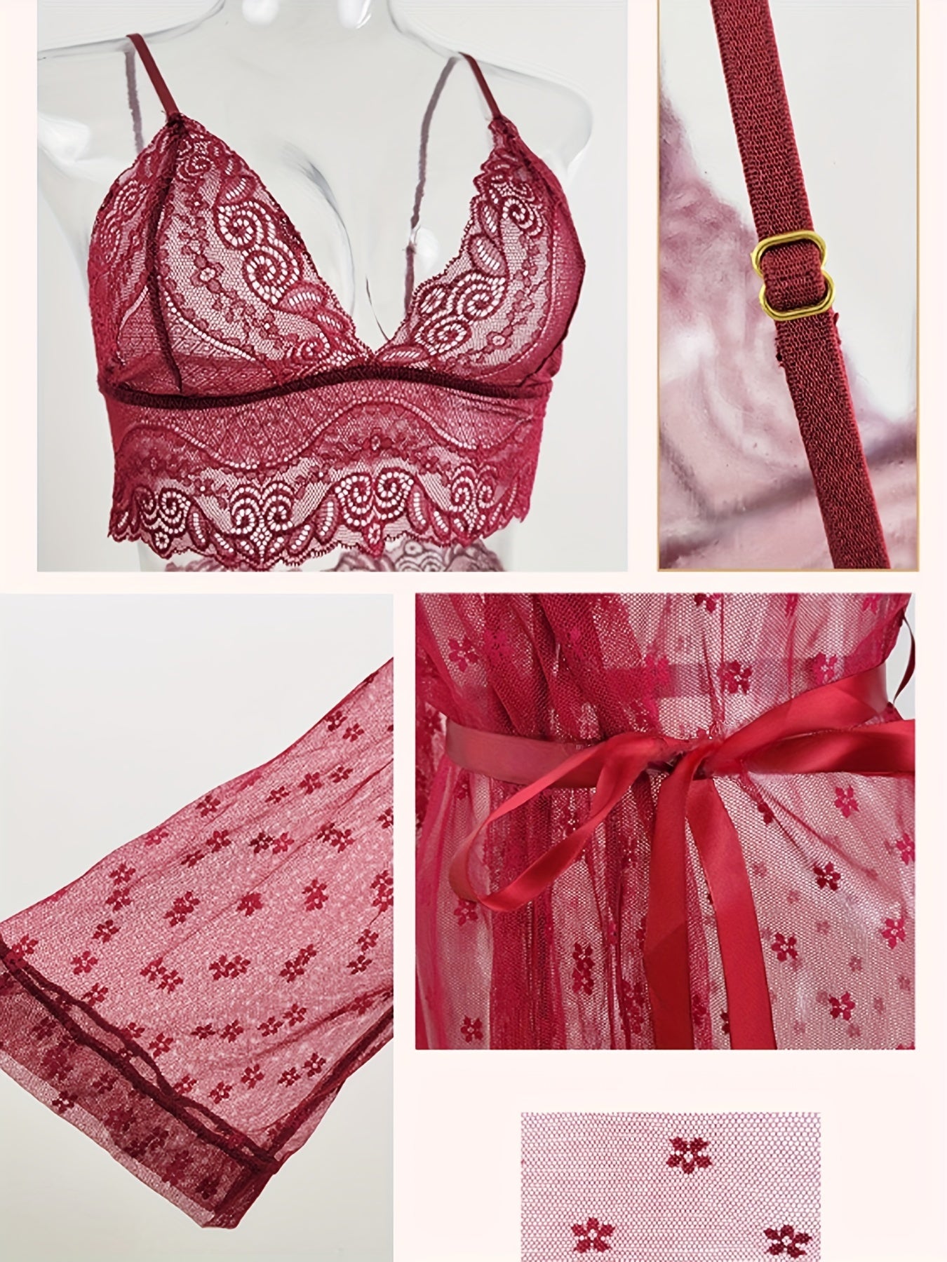 4pcs Romantic Pajama Set - Floral Polka Dots Deep V 3/4 Sleeve Bow Knot Split Soft Stretchy Long Loose Ultra Thin Gauze Nightgown With Belt & Hollow Lace Mesh Bra & Panties - Perfect For A Romantic Evening