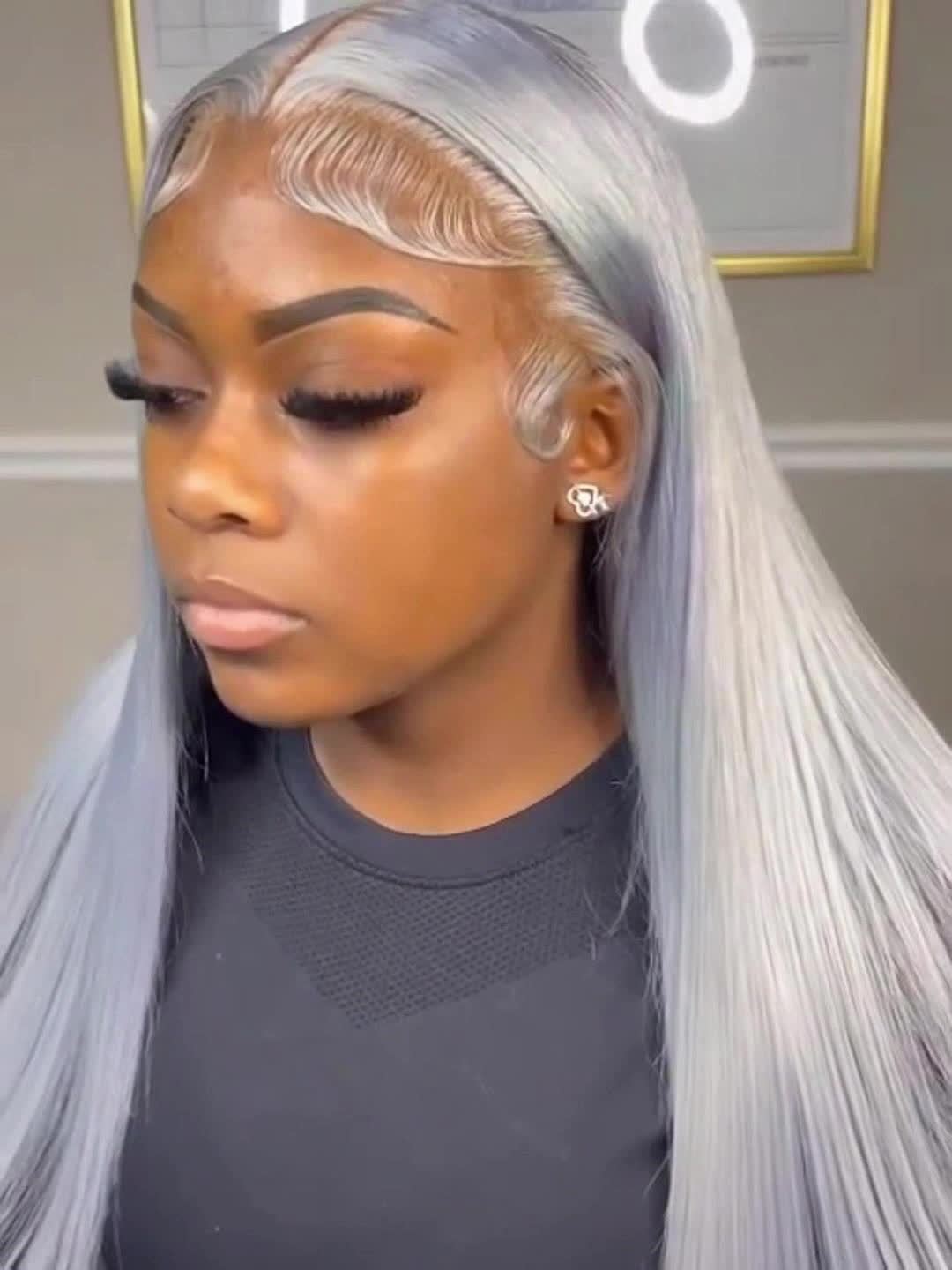 Silvery Grey 13x4 Transparent Lace Frontal Wig 26 Inches Silvery Straight Lace Front Wigs for Women 180% Density Synthetic Heat Resistant Fiber High temperature fiber Straight Glueless Lace Wig Natural Straight Long Lace Wig