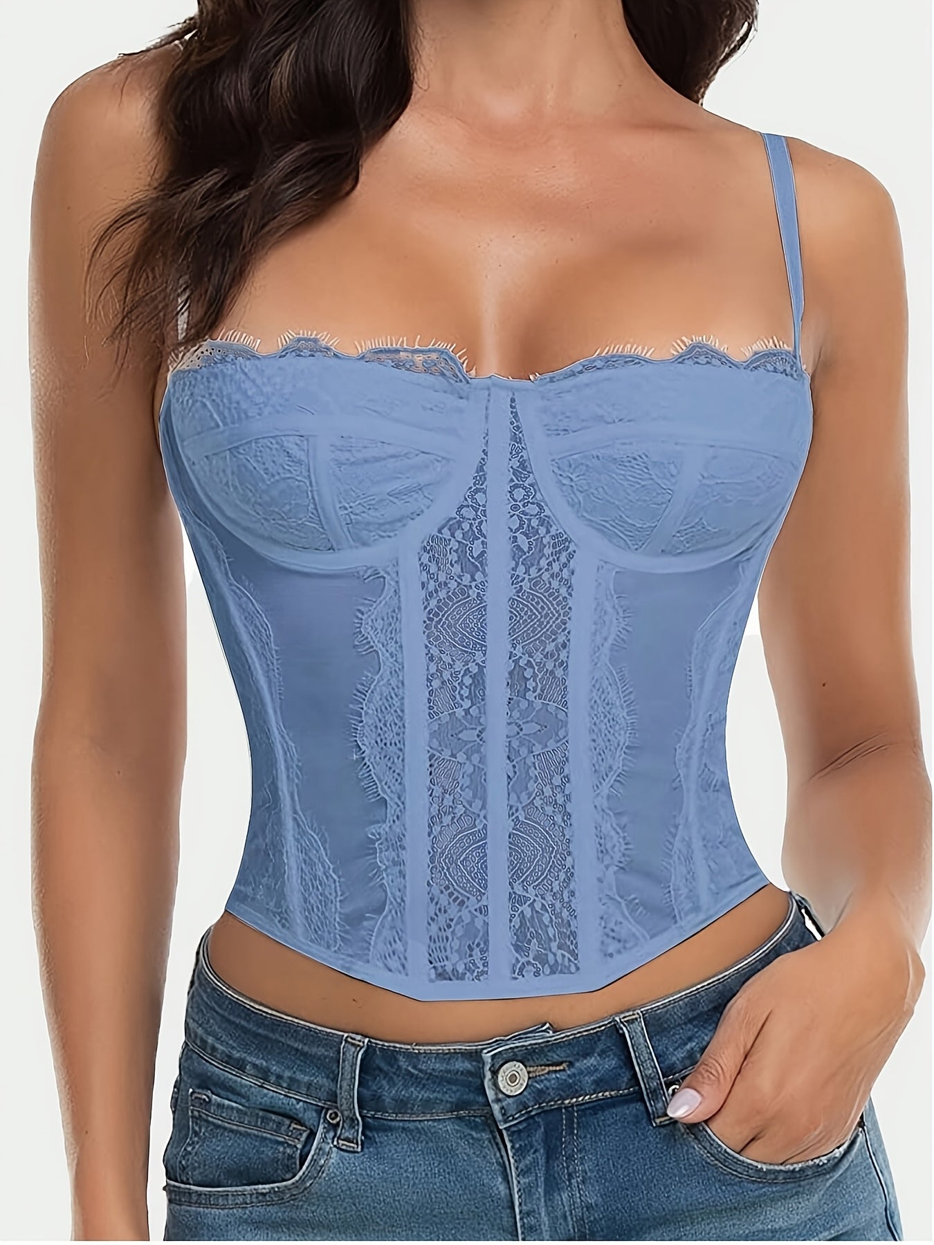 1pc Elegant Floral Lace Corset Top, Medium Support Sexy Going Out Party Club Top with Buckle, Nylon 77.00% Spandex 23.00% Elastane Material