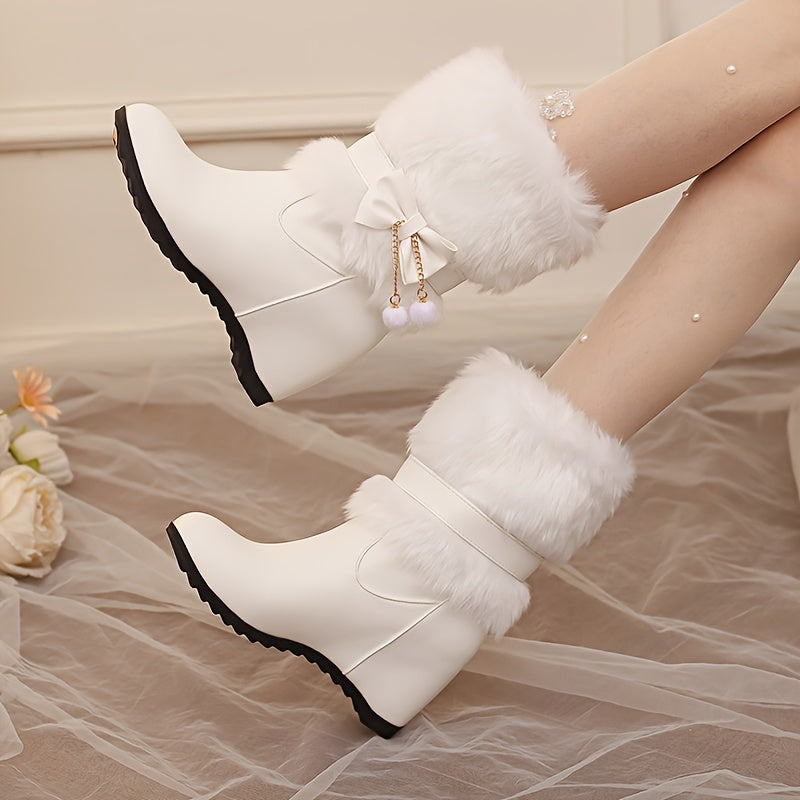 Women's Autumn and Winter Fashion Elegant Sweet College Princess Bow Artificial Ball Tassel One-Shoulder Boots, Mary Jane Solid Color Fluffy Faux Fur Wedge Heels, Multifunctional Outdoor Casual Comfortable Warm High Heel Shoe