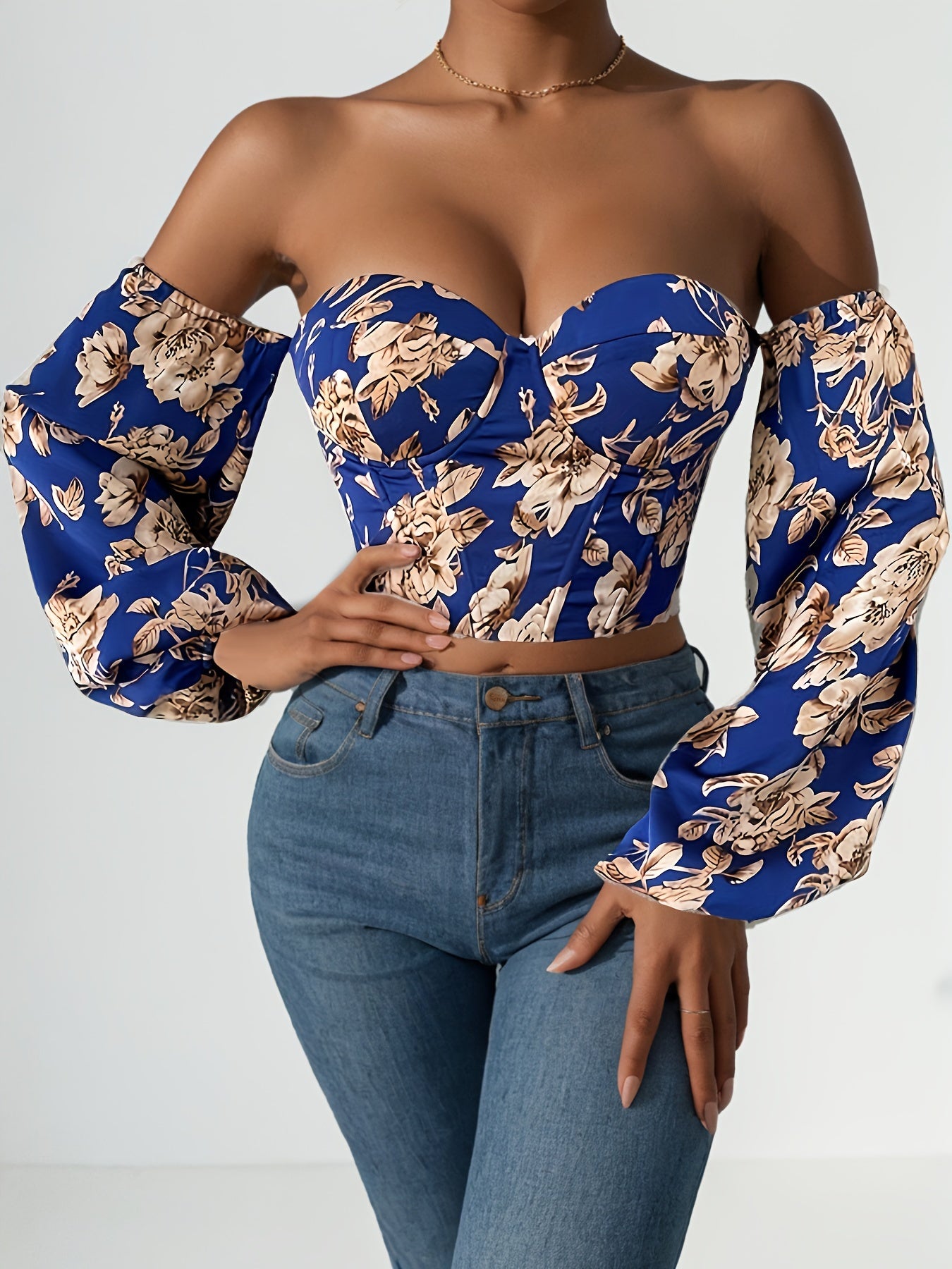 Vibrant Floral Print Crop Top, Off-shoulder Strappy Blouse with Lantern Sleeve for Spring & Summer, Women's Clothing