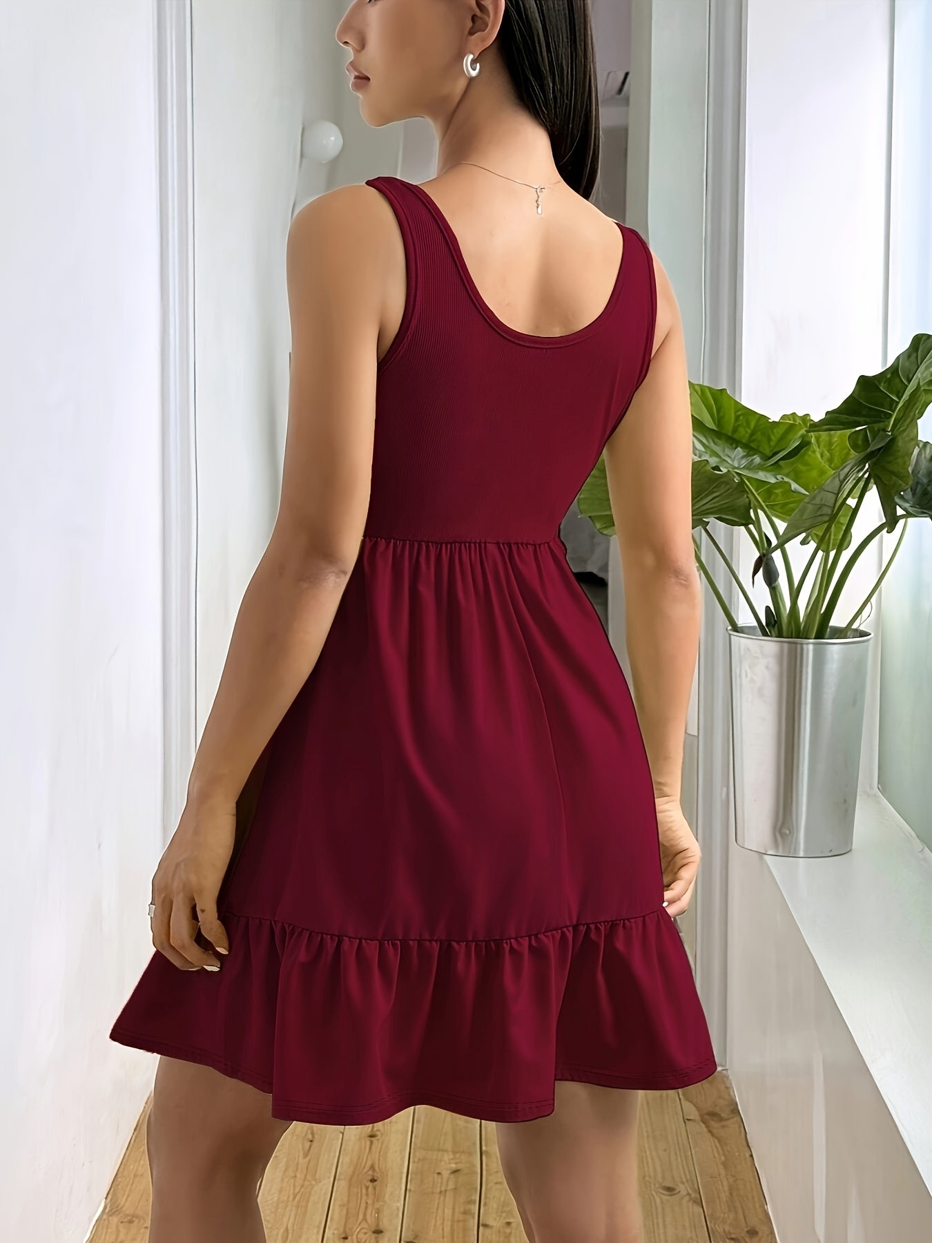 Women's Stylish Sleeveless Ruffle Hem Dress - Stretchy Polyester Blend, Off-Shoulder Design, Dark Blue, Perfect for Vacation or Casual Outings, Vacation Wear | Sleeveless Elegance | Smooth Texture