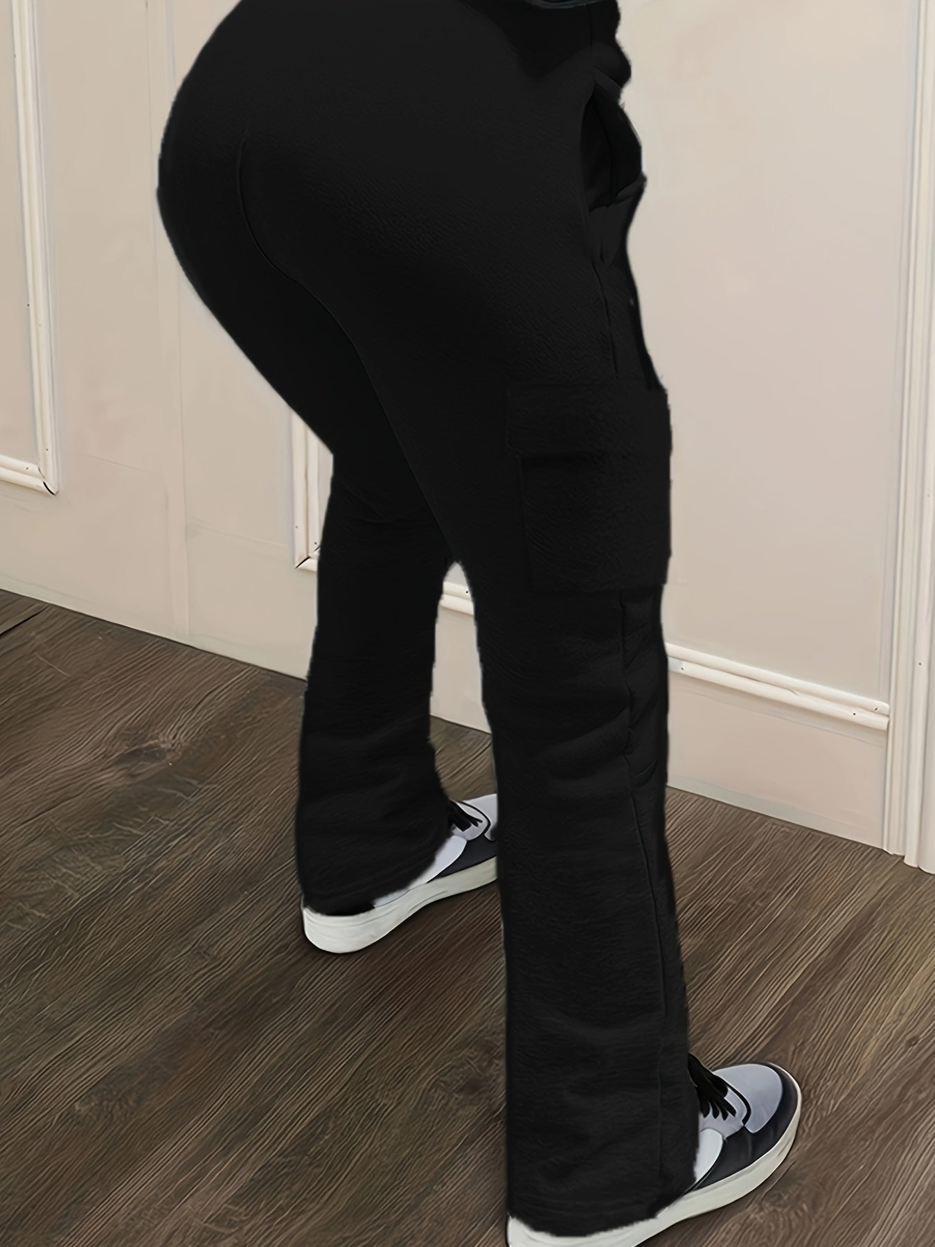 Solid Straight Leg Pants, Casual Flap Pocket Drawstring Elastic Waist Pants, Women's Clothing