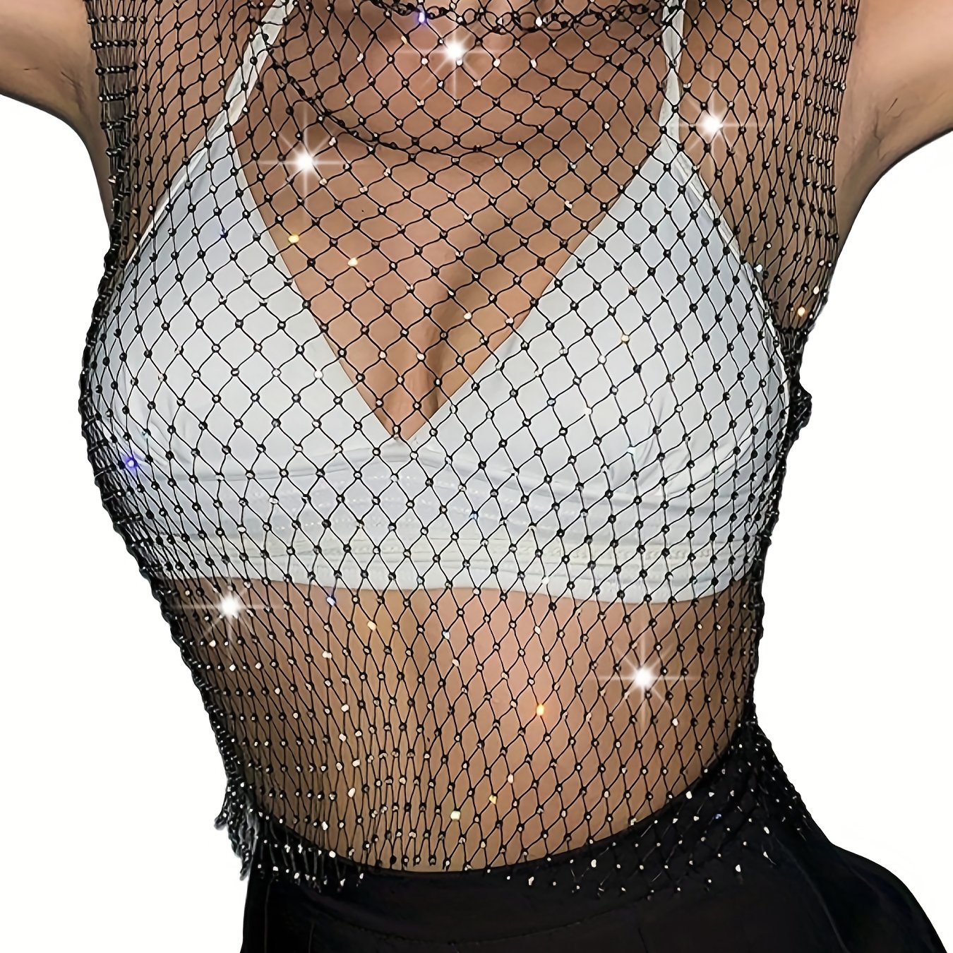 Women’s Rhinestone Fishnet Tank Top - Sleeveless V-Neck, Stretchy & Sheer Glitter Mesh for Party & Clubwear, White, Trendy Outfit | Sparkly Fishnet Design | Stretchy Mesh Fabric