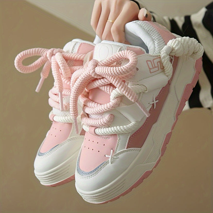 Women's Cute Chunky Lace-Up Sneakers - Pink, Low-Top, Thick Sole, Casual Athletic Shoes - Fabric/PU Upper, Rubber Sole, All-Season Design