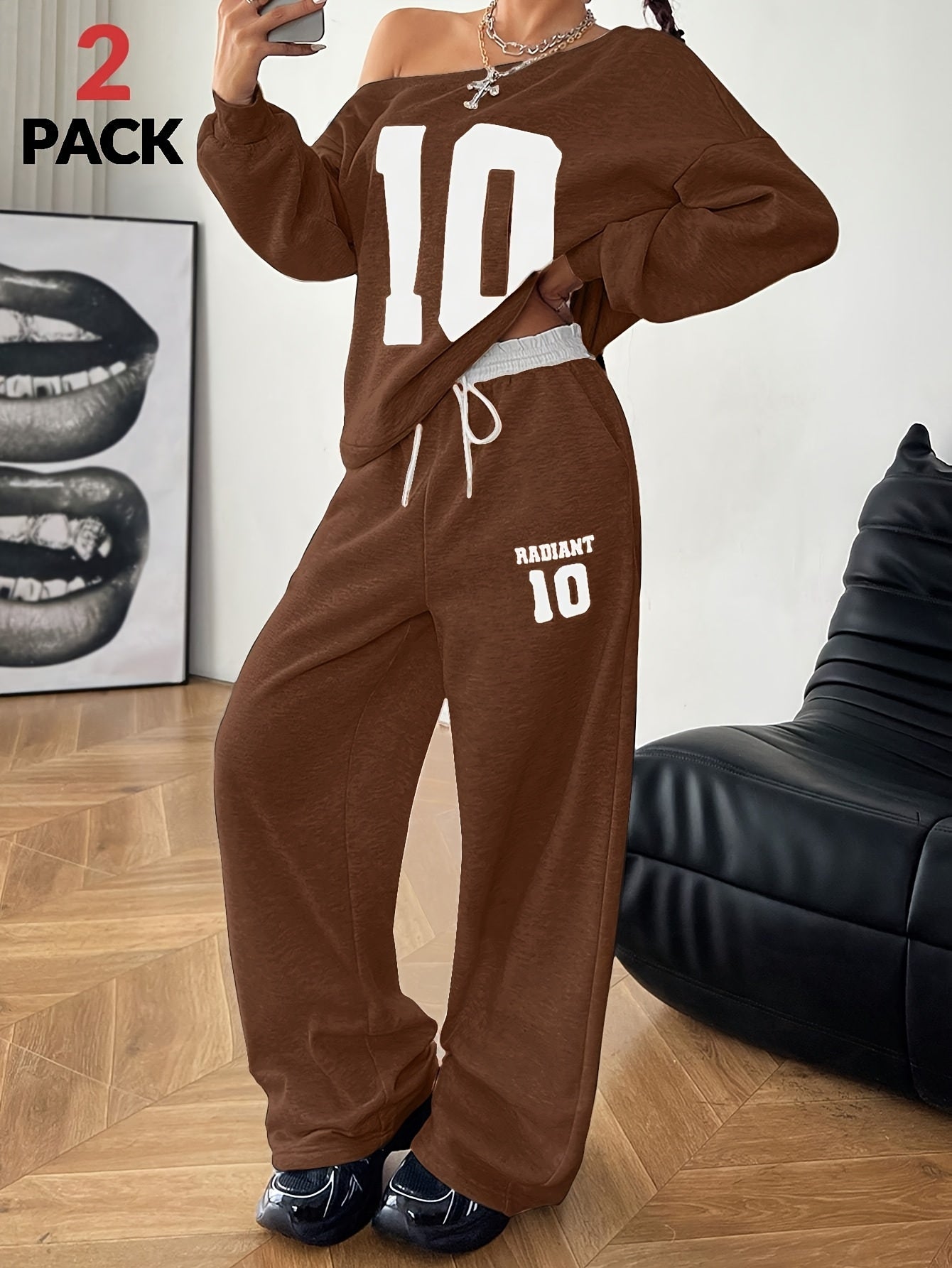 Digital Print Warm Asymmetric Collar Long Sleeve Sweatshirt and White Elastic Waist Wide Leg Jogging Pants