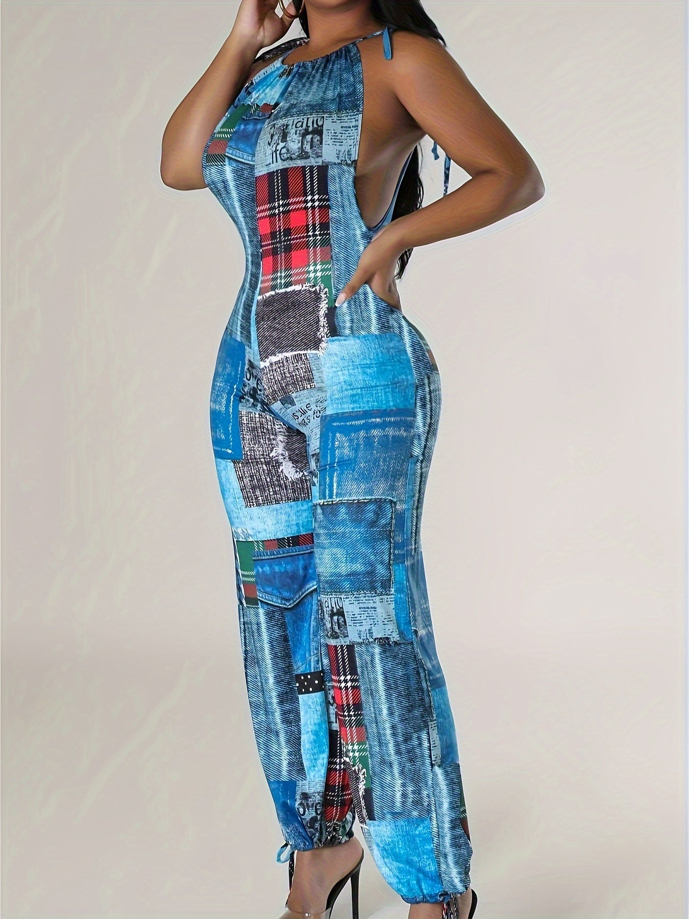 Patchwork Print Faux Denim Print Jumpsuit, Casual Sleeveless Tie Strap Drawstring Jogger Jumpsuit For Spring & Summer, Women's Clothing
