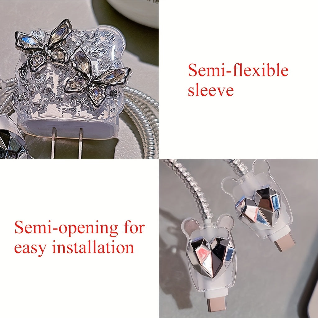 5pcs Sparkling Diamond Butterfly iPhone Charging Protector Set, Luxury for iPhone13/12/11 Charger Winder 18/20W Fast Charging Head Anti-Breakage Winder, Boyfriend/Girlfriend Gift