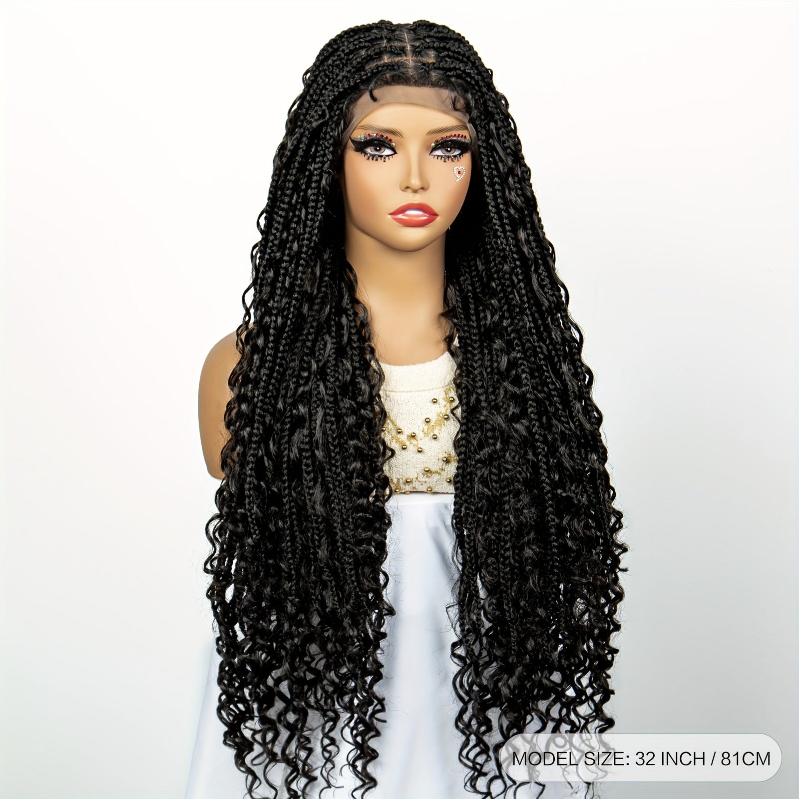 Full Lace Women's Bohemian Knotless Braided Full Lace Wig, Long Goddess Braided Wig, Curly Synthetic Braids With Baby Hair, Synthetic Bohemian Braided Wig