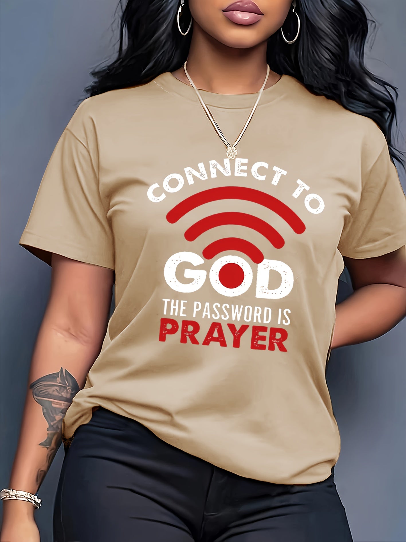 Women'S Casual Crew Neck T-Shirt with "Connect to God, The Password is Prayer" Print, Polyester 100%, Knit Fabric, 180g/m², All Seasons