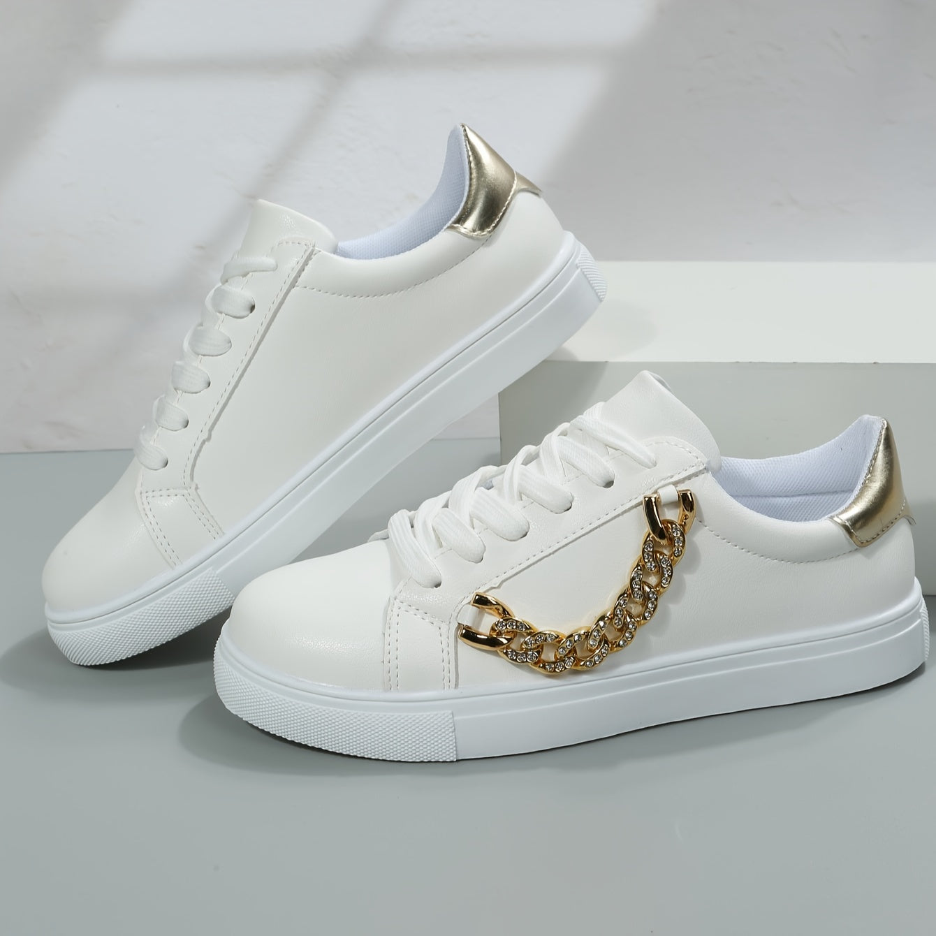 Women's Stylish White Low-Top Sneakers with Golden Chain Detail - Casual Lace-Up Shoes, Upper, Mesh Lining, TPR Sole, Versatile for All Seasons