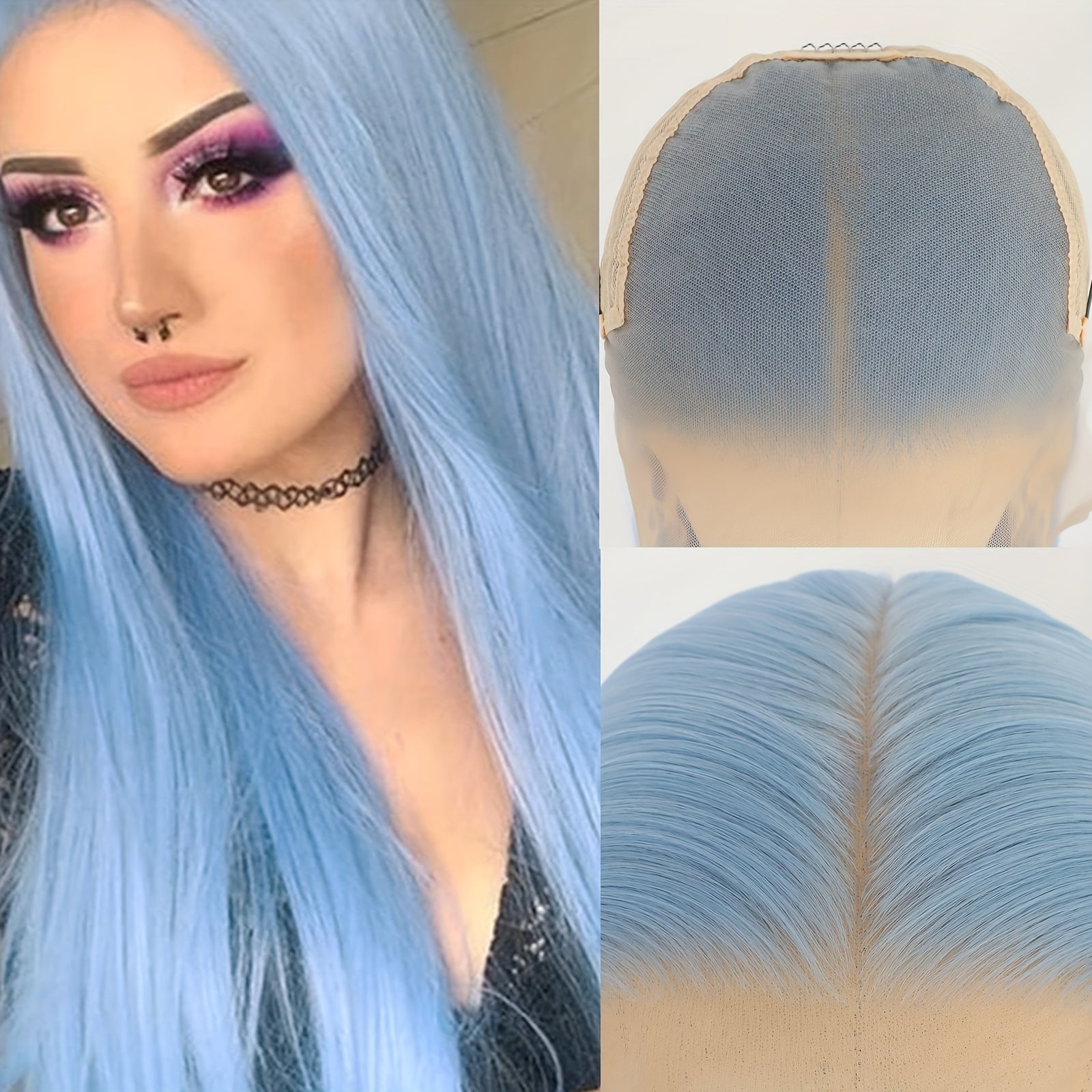 Women's 28 Inch Sky Blue Straight Synthetic Lace Front Wig, High Temperature Fiber, Glueless HD Lace Frontal, Soft Silky Hair for Halloween, Party, Cosplay - 13x6 Basics Style, Lace Wig