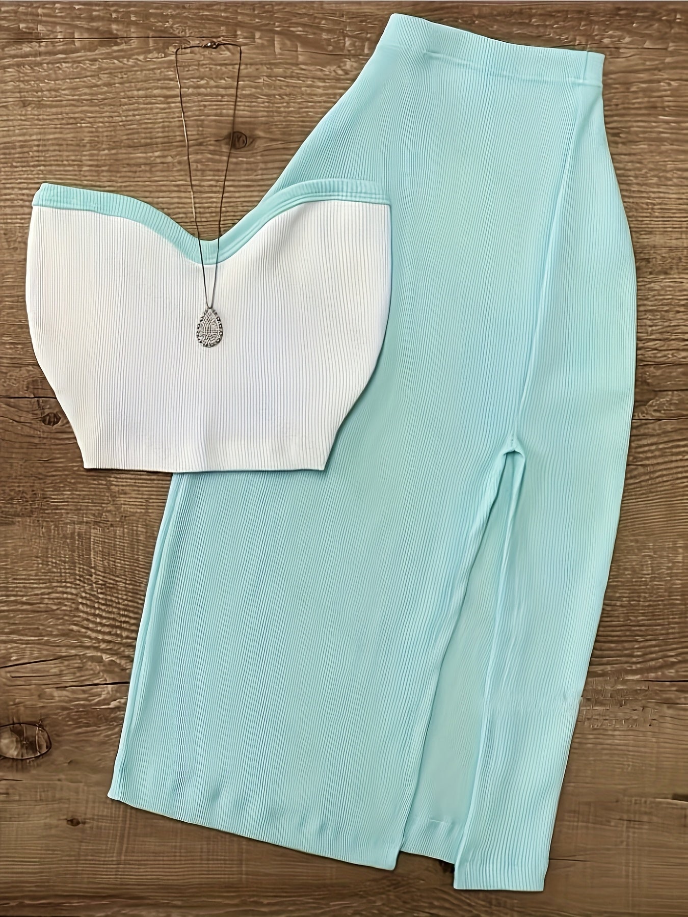 2pcs Women's Elegant Off-Shoulder Tube Top & Flared Skirt Set - Solid Color, Smooth Polyester Fabric, Medium Stretch - Spring/Summer Essentials | Machine Wash Safe | Contrast Binding Details