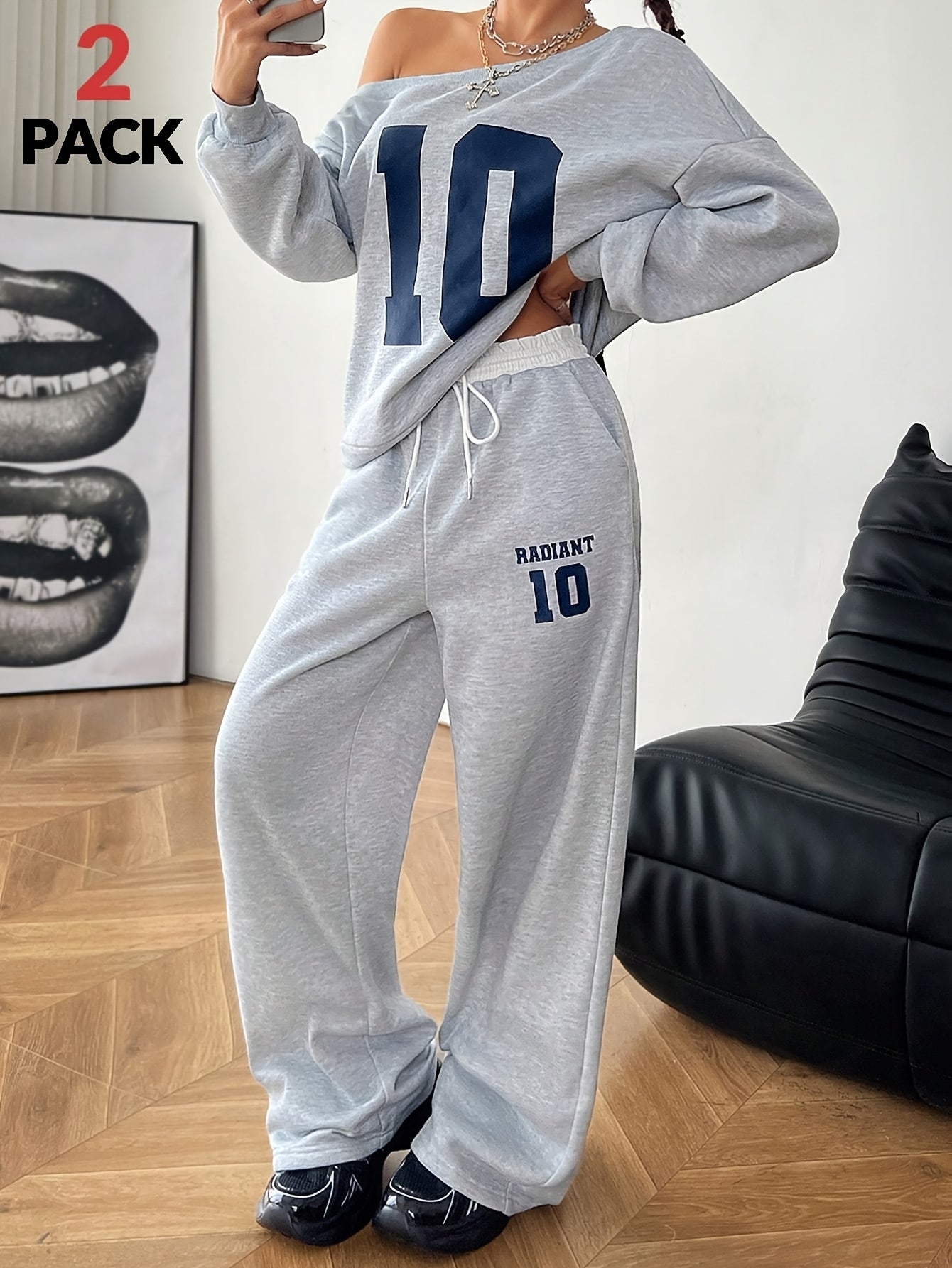 Digital Print Warm Asymmetric Collar Long Sleeve Sweatshirt and White Elastic Waist Wide Leg Jogging Pants