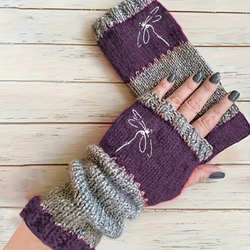 Dragonfly Embroidered Color-Block Mohair Mittens, Elastic, Warm Knitted Gloves for Going Out - Embroidery Craftsmanship