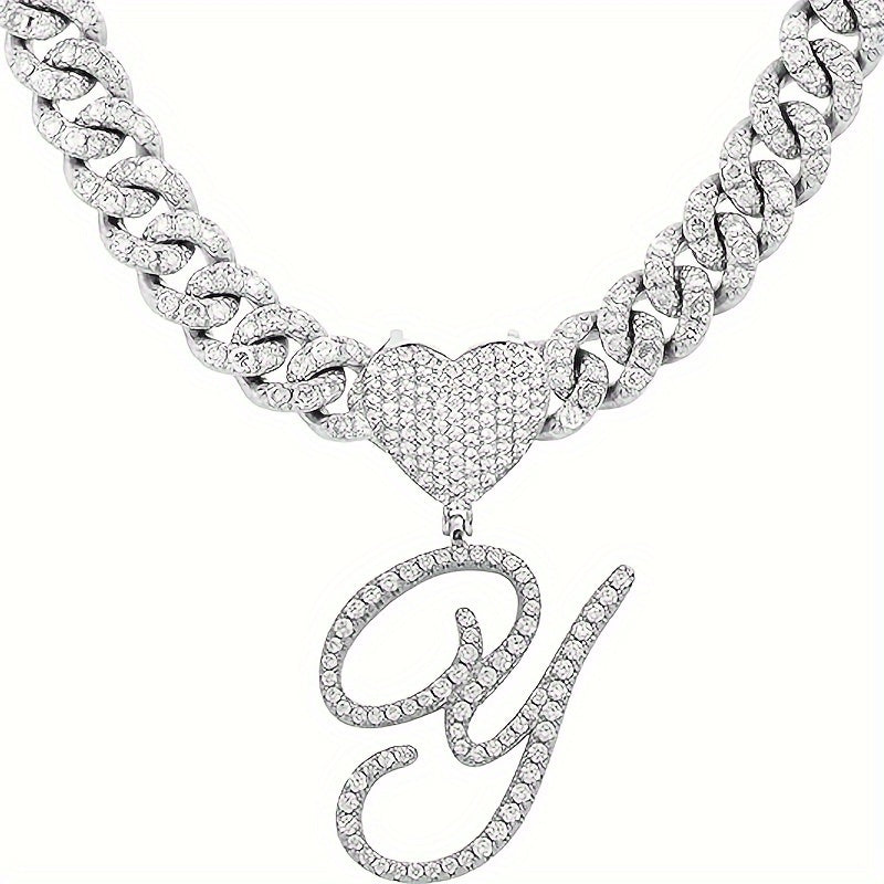 Silvery Cuban Link Necklace - Heart-shaped Alphabet Pendant on Ice Chain - Unisex Hip-hop Jewelry Gift