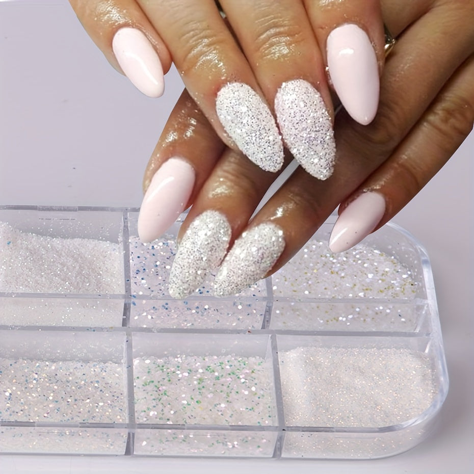 12 Grids Shiny White Sugar Nail Glitter Powder Fine Iridescent Flakes Pigment Dust Elegant Wedding Manicure Decorations