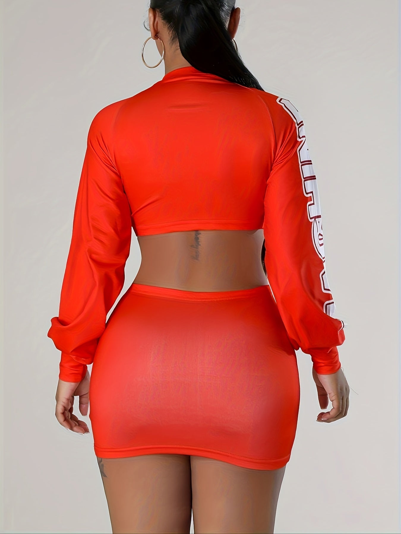 Modern Casualwear] Stylish Red Two-Piece Skirt Set with "MACHINE" Print & Lantern Sleeves - Casual Polyester Blend Crop Top & Mini Skirt, Machine Washable - Perfect for Spring/Fall, Casual Wear Set|Trendy Crop Top|Knit Constr