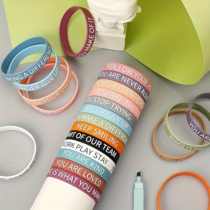 64pcs Inspirational Silicone Bracelets - Colorful Motivational Wristbands for Women, Men, Teens, Teachers & Office Use - 16 Unique Designs with Positive Affirmations like "Never Give Up," "Be Amazing" and "Keep Smiling" - Per