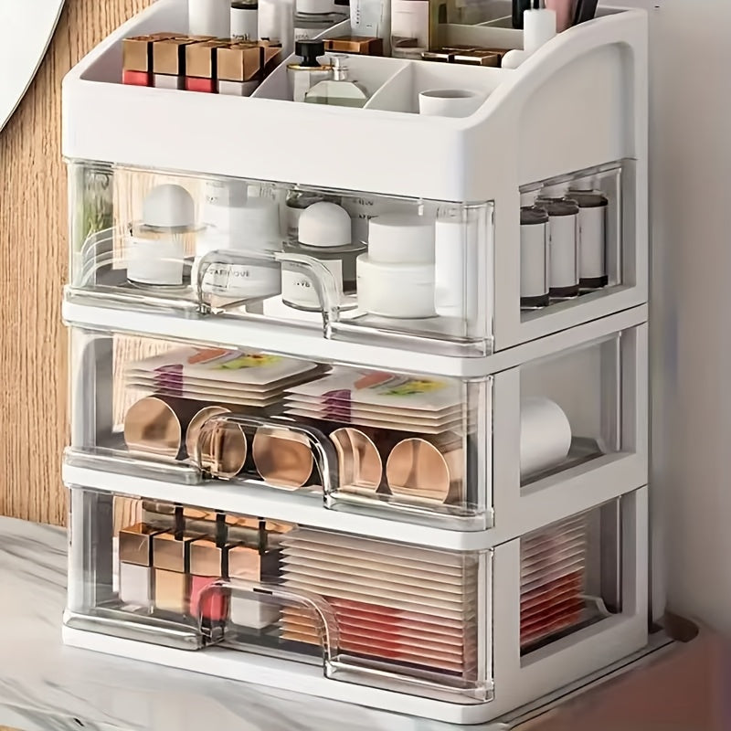 4-layer expandable cosmetics storage box, durable PP material, stylish rectangular design, storage basket for bathroom and dressing table display, perfect for home decoration and desk organization