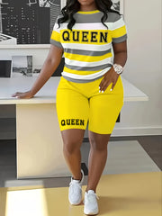 Two-Piece Queen Print Color Block Crew Neck T-Shirt & Biker Shorts Outfit - Soft Mid-Elasticity Polyester Fabric, Random Striped Pattern, Machine Washable, Spring/Summer Casual Wear - Vibrant Colors, Comfortable Fit