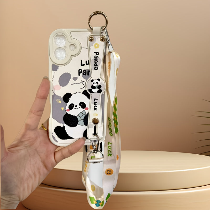 Cartoon Panda Mobile Phone Case iPhone15pro Mobile Phone Case 14 Hanging Neck Full Protection iphone13 Can Be Carried Faux Leather Anti-fall Super Soft Mobile Phone Protection Case Suitable for iPhone 13/14/14/16 Series Cute